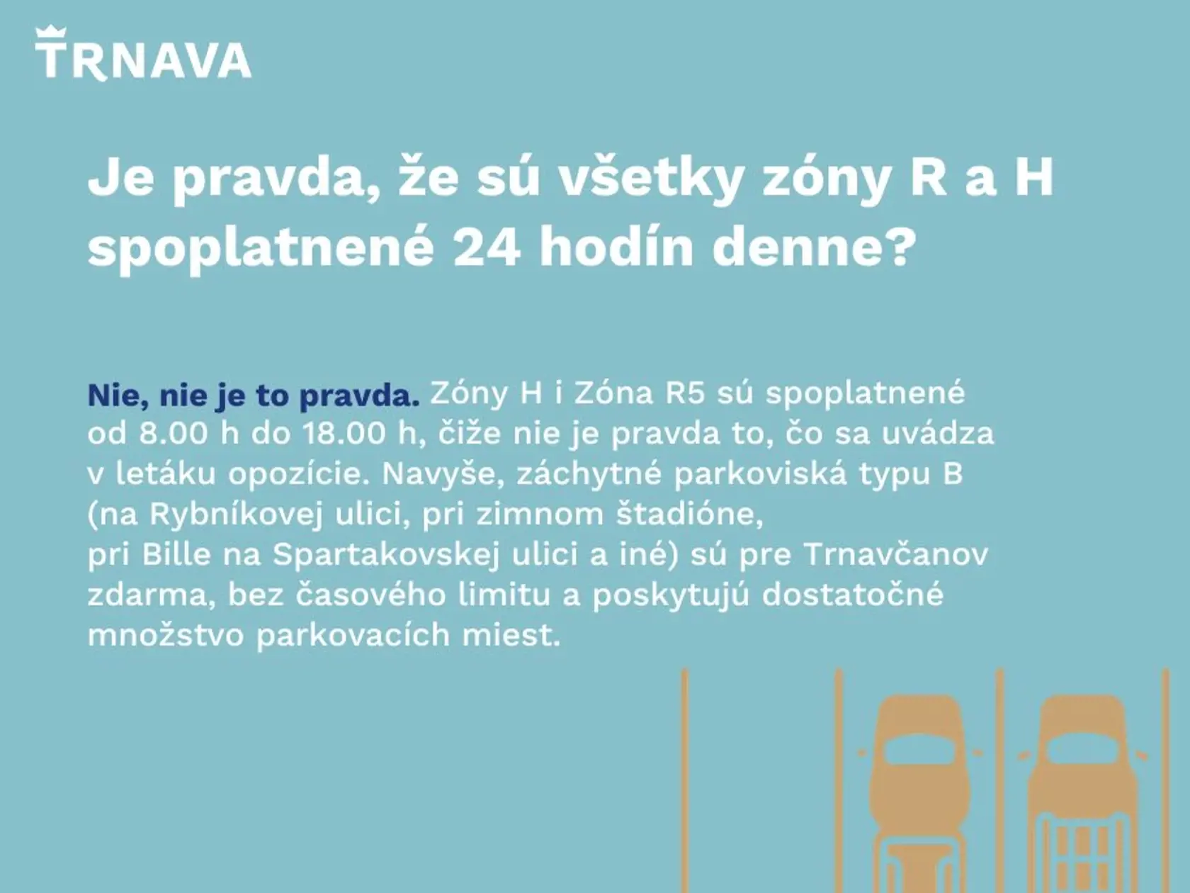 Mesto Trnava spustilo na sociálnej sieti kampaň:
ODPARKUJTE SA OD DEZINFORMÁCIÍ
Overujte si fakty a čerpajte informácie z prvej ruky. Sme radi, že sa zaujímate o dianie v našom meste. Je však dôležité vedieť odlíšiť pravdu od nepravdy a fakty od výmyslov.