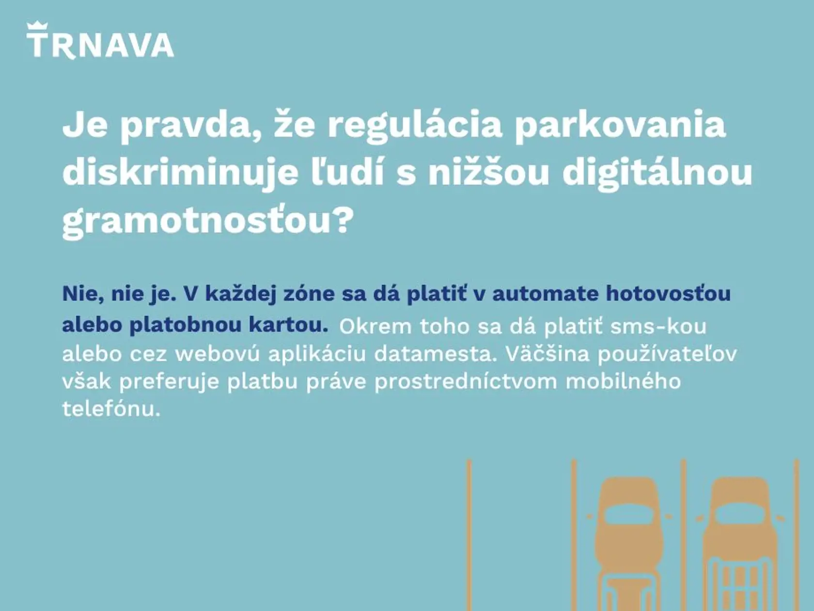 Mesto Trnava spustilo na sociálnej sieti kampaň:
ODPARKUJTE SA OD DEZINFORMÁCIÍ
Overujte si fakty a čerpajte informácie z prvej ruky. Sme radi, že sa zaujímate o dianie v našom meste. Je však dôležité vedieť odlíšiť pravdu od nepravdy a fakty od výmyslov.