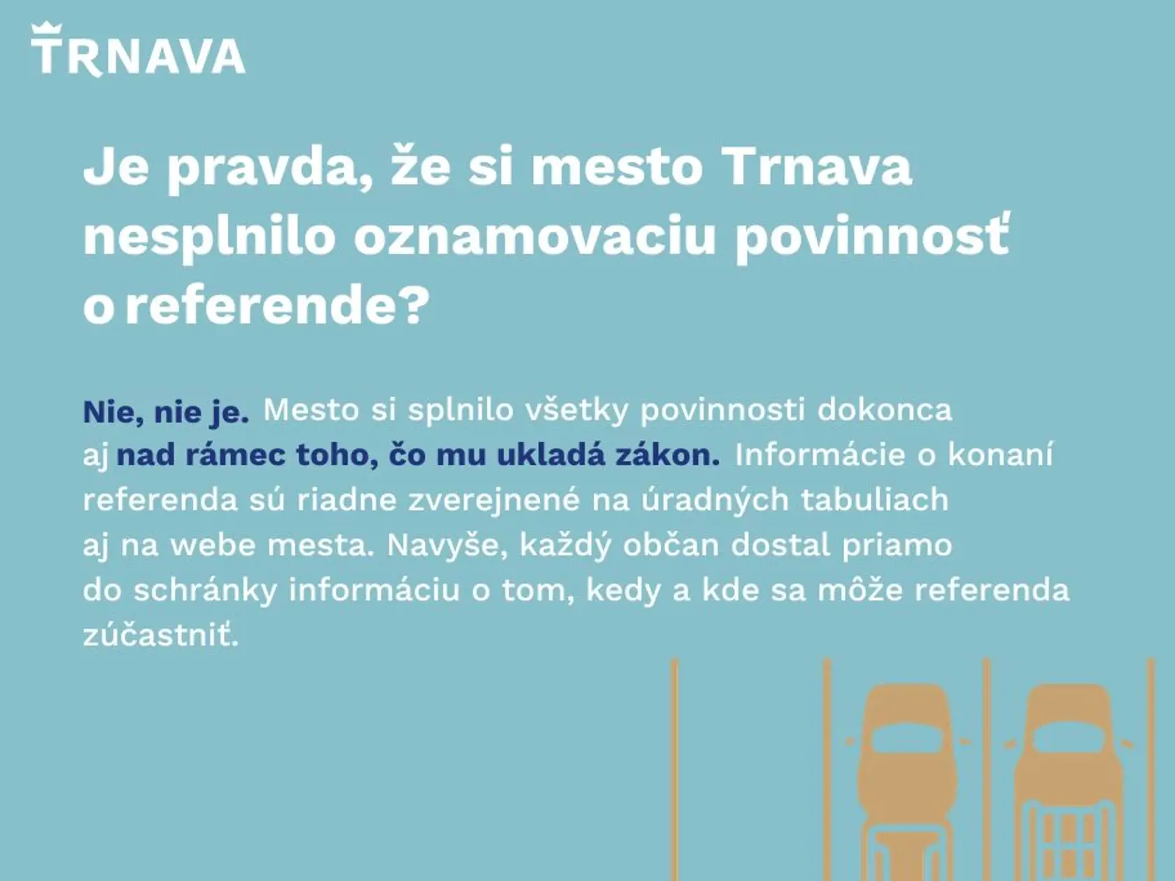 Mesto Trnava spustilo na sociálnej sieti kampaň:
ODPARKUJTE SA OD DEZINFORMÁCIÍ
Overujte si fakty a čerpajte informácie z prvej ruky. Sme radi, že sa zaujímate o dianie v našom meste. Je však dôležité vedieť odlíšiť pravdu od nepravdy a fakty od výmyslov.