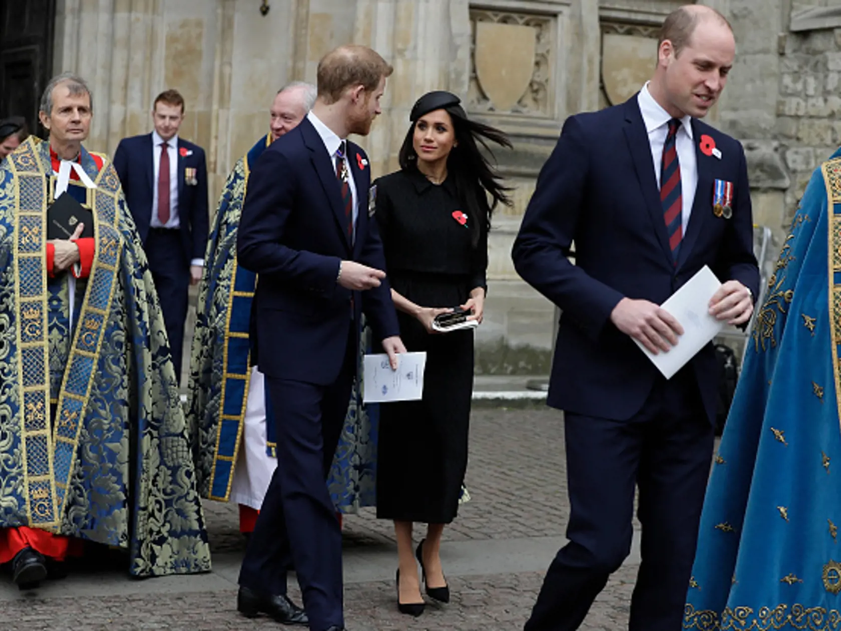 LONDON, ENGLAND - APRIL 25:  Prince William, Duke of Cambridge, Meghan Markle and Prince Harry attend an Anzac Day service at Westminster Abbey on April 25, 2018 in London, England. (Photo by Kirsty Wigglesworth - WPA Pool/Getty Images)
