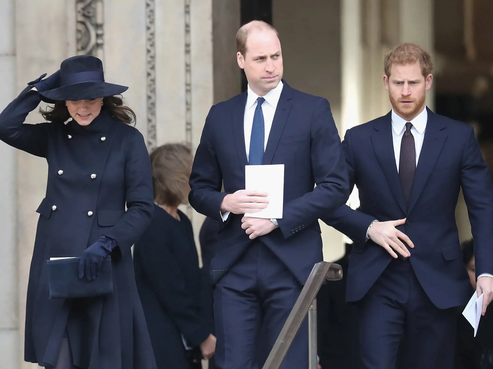 LONDON, ENGLAND - DECEMBER 14:  Catherine, Duchess of Cambridge, Prince William, Duke of Cambridge and Prince Harry leave the Grenfell Tower National Memorial Service held at St Paul's Cathedral on December 14, 2017 in London, England. The Royal Family and Prime Minister will join survivors of the Grenfell Tower at the memorial at St Paul's Cathedral for the six-month anniversary which killed 71 people. About 1,500 people are expected to attend the multi-faith service.  (Photo by Chris Jackson/G