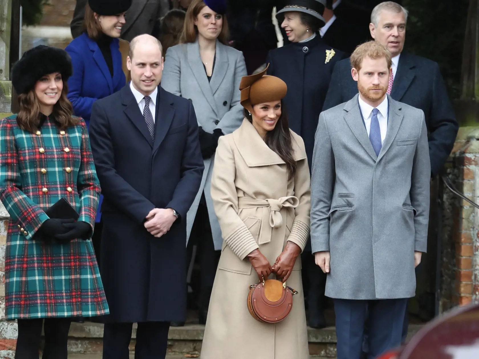 KING'S LYNN, ENGLAND - DECEMBER 25:  Princess Beatrice, Princess Eugenie, Princess Anne, Princess Royal, Prince Andrew, Duke of York, Prince William, Duke of Cambridge, Catherine, Duchess of Cambridge, Meghan Markle and Prince Harry attend Christmas Day Church service at Church of St Mary Magdalene on December 25, 2017 in King's Lynn, England.  (Photo by Chris Jackson/Getty Images)