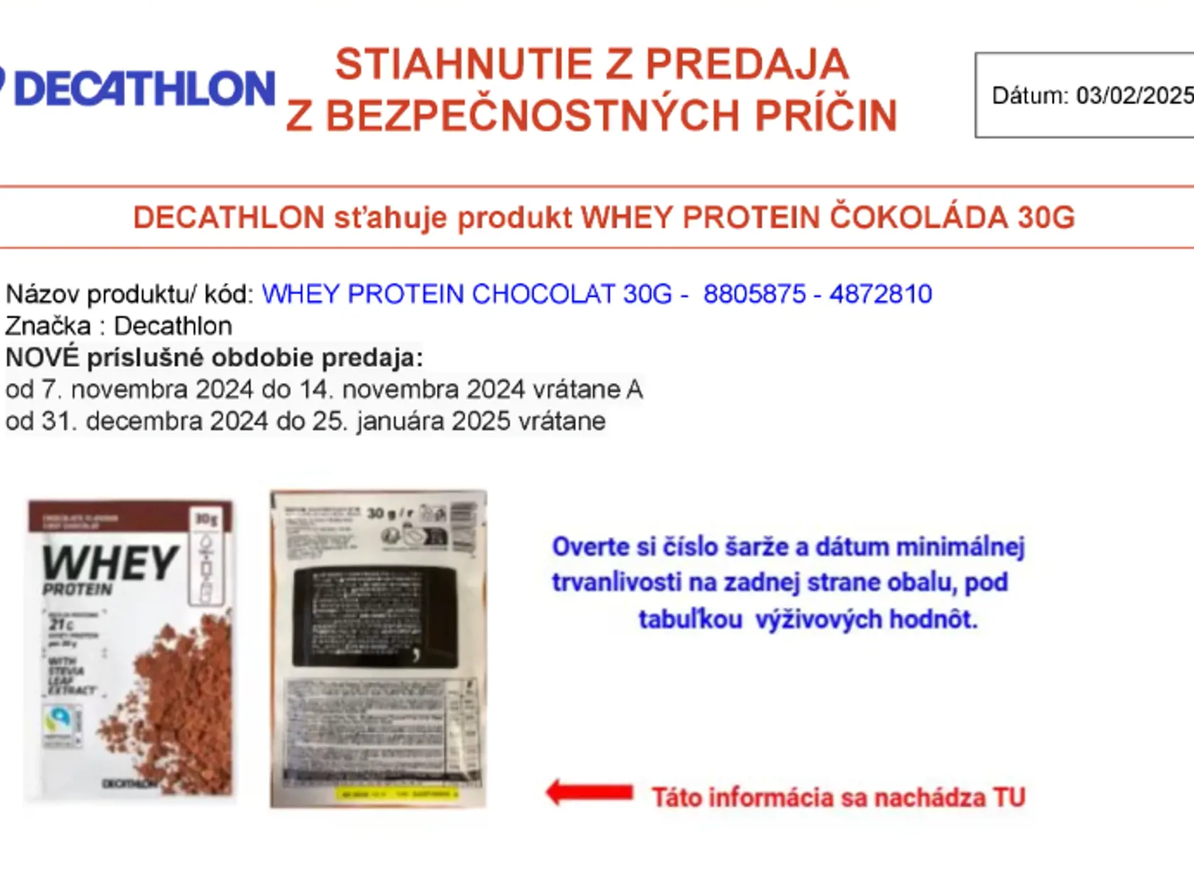 Názov nebezpečného produktu/kód: WHEY PROTEIN CHOCOLAT 30 G/ 8805875 - 4872810.