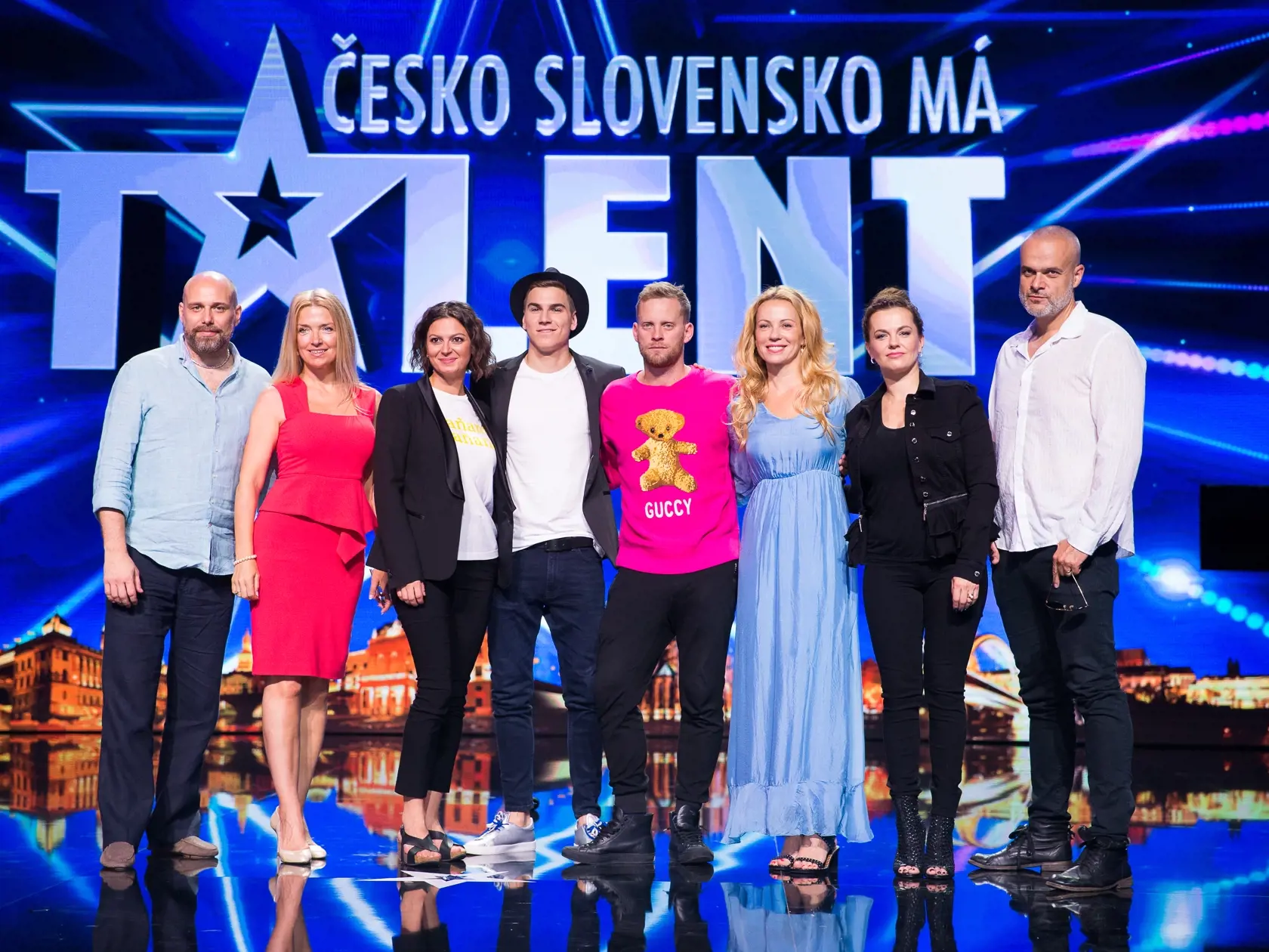 Tlačová konferencia k projektu Československo má talent 2018 v štúdiách televízie JOJ na Bratislavskej Kolibe. Na snímke Jeffo Minařík, Lujza Garajová Schrameková, David Gránsky, Jakub Prachař, Diana Mórová, Marta Jandová a Jaroslav Slávik.