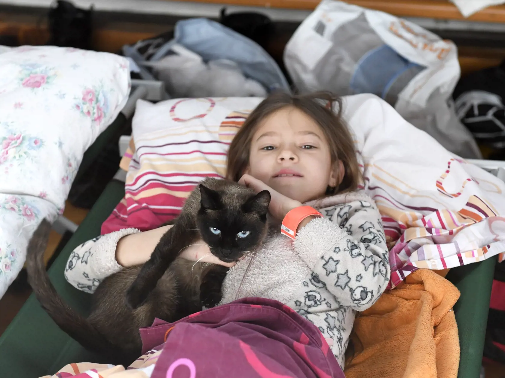 Na snímke vojnoví utečenci z Ukrajiny v telocvični Strednej odbornej školy beauty služieb na Gemerskej ulici 1 v Košiciach 10. marca 2022. FOTO TASR – František Iván 