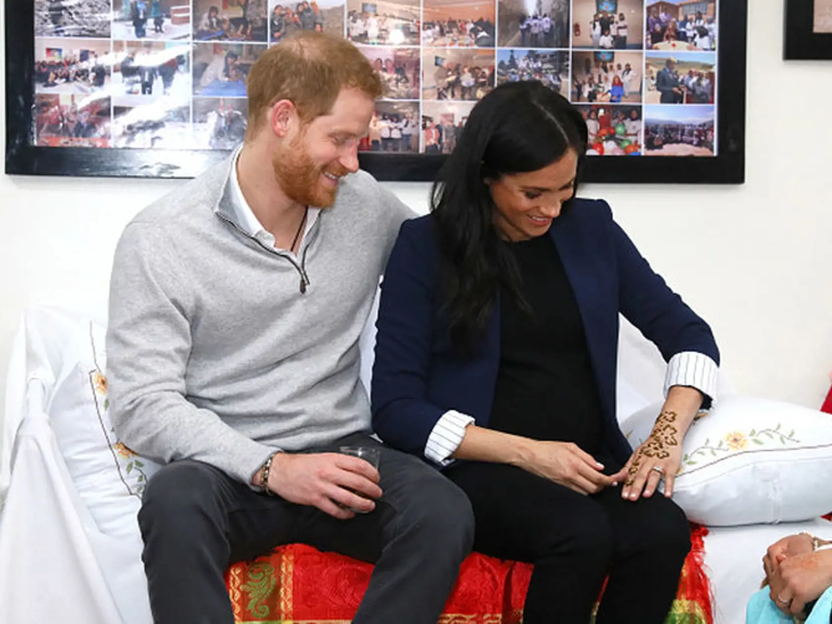 ASNI, MOROCCO - FEBRUARY 24:   Prince Harry, Duke of Sussex and Meghan, Duchess of Sussex during a Henna ceremony as they visit the "Education For All" boarding house for girls aged 12 to 18 on February 24, 2019 in Asni, Morocco. "Education For All" ensures that girls from rural communities in the High Atlas Mountain regions have access to secondary education.  (Photo by Tim P. Whitby - Pool/Getty Images)