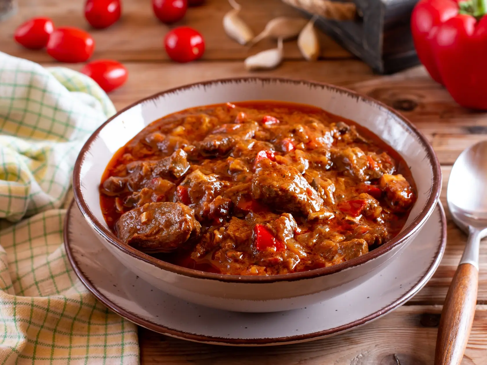 Pork,Goulash,Meat,On,Plate,,Cutlery,,Garlic,,Onion,,Tablecloth,In