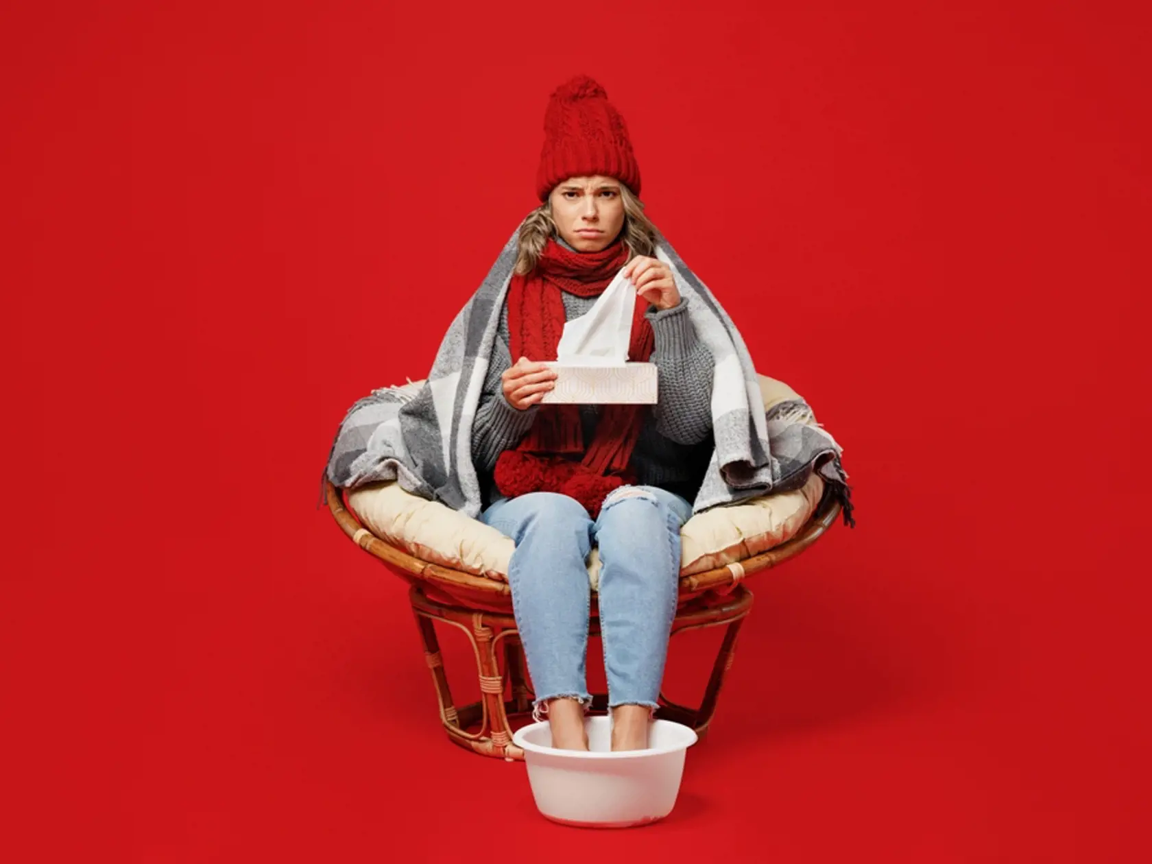 Full,Size,Young,Woman,Wear,Grey,Plaid,Scarf,Hat,Sit