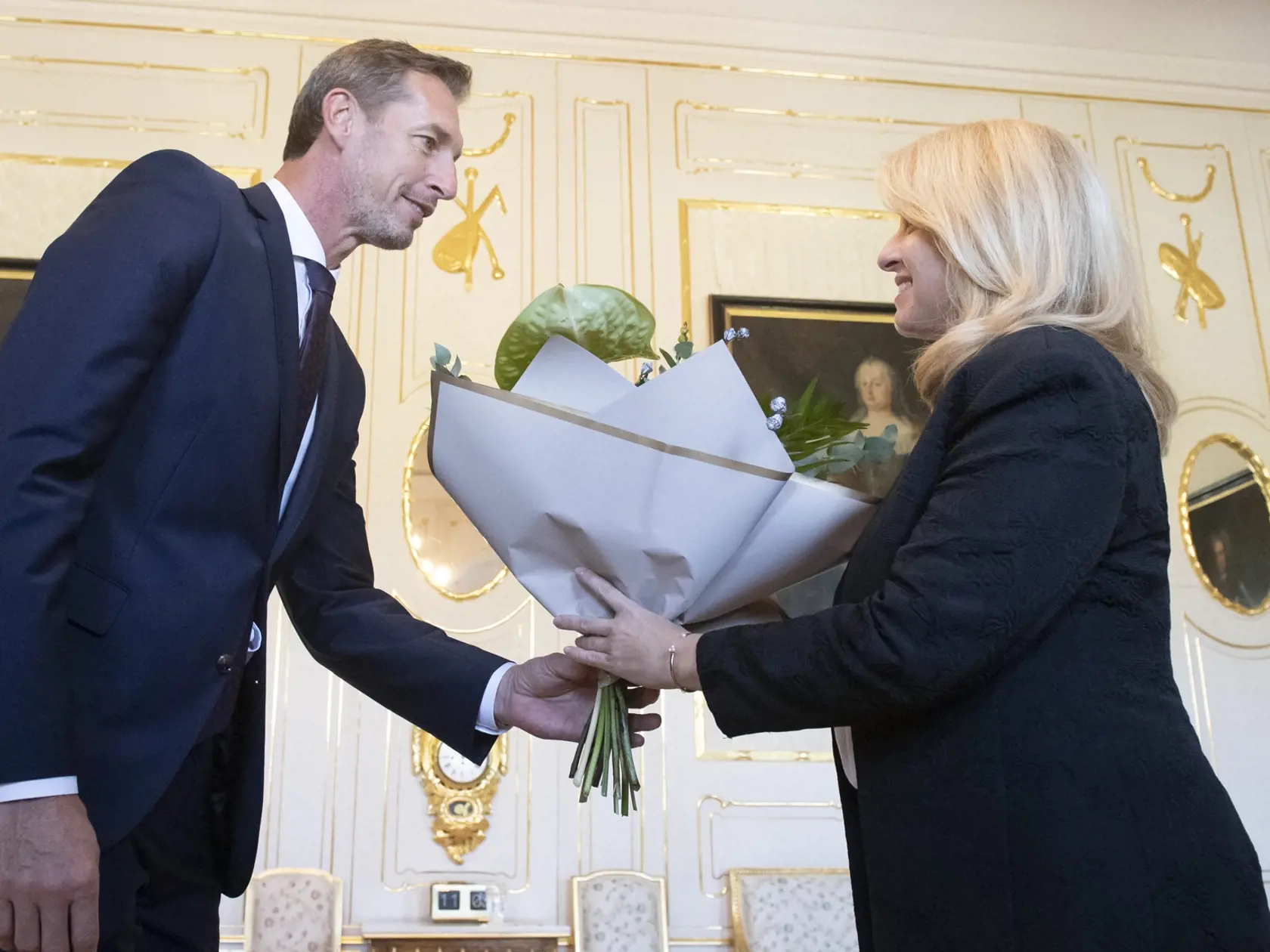 Na snímke prezidentka SR Zuzana Čaputová a predseda Kresťanskodemokratického hnutia (KDH) Milan Majerský počas prijatia 3. októbra 2023 v Prezidentskom paláci v Bratislave.