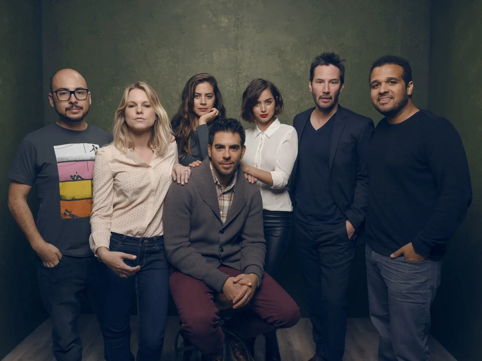PARK CITY, UT - JANUARY 24:  (L-R) Nicolas Lopez, Ignacia Allamand, Lorenza Izzo, Eli Roth, Ana de Armas, Keanu Reeves and Aaron Burns from 'Knock Knock' pose for a portrait at the Village at the Lift Presented by McDonald's McCafe during the 2015 Sundance Film Festival on January 24, 2015 in Park City, Utah.  (Photo by Larry Busacca/Getty Images)