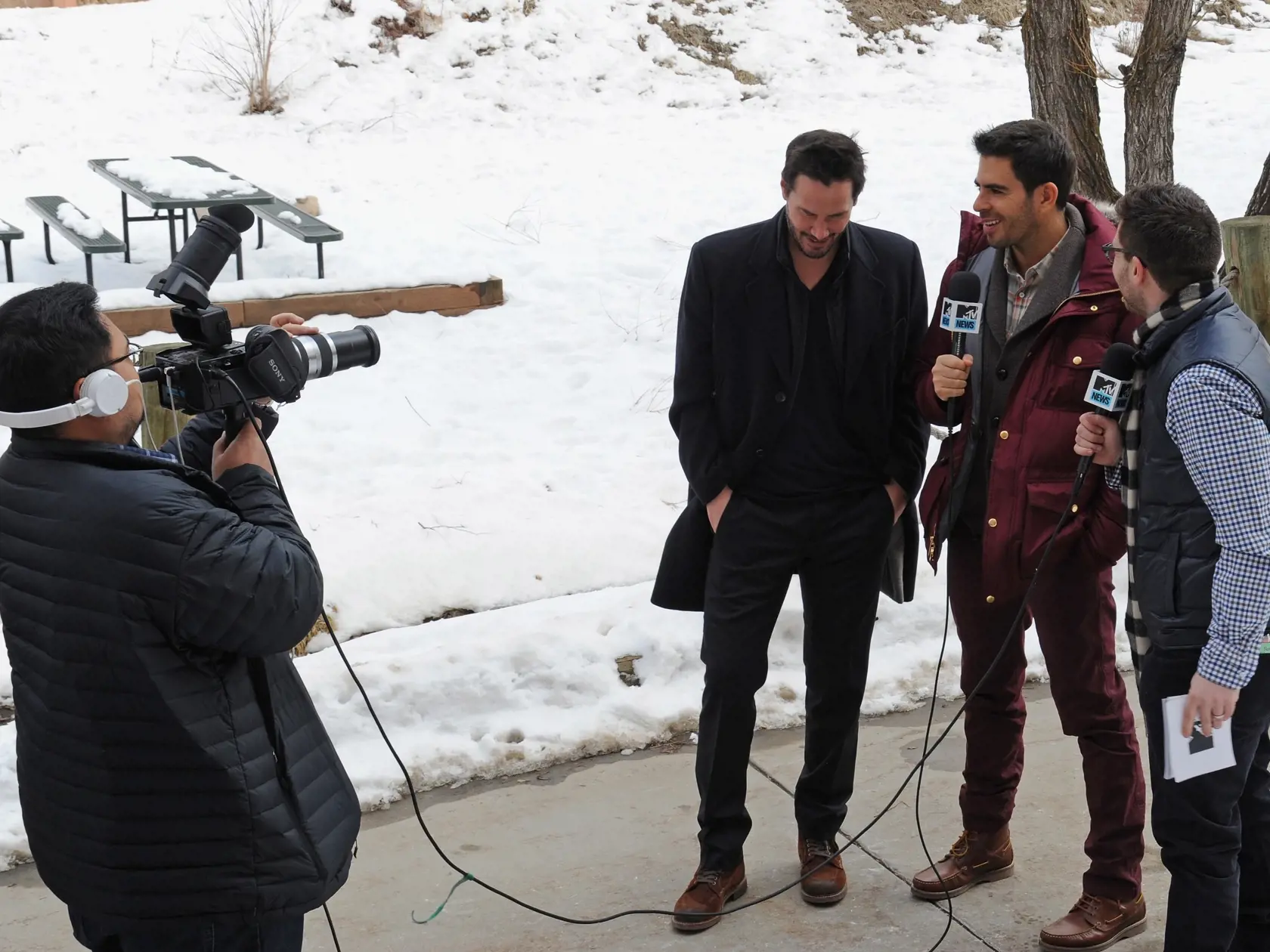 PARK CITY, UT - JANUARY 24:  Actor Keanu Reeves and director Eli Roth attend the Music Lodge Hosts MTV Interview Studio on January 24, 2015 in Park City, Utah.  (Photo by Clayton Chase/Getty Images for Music Lodge)