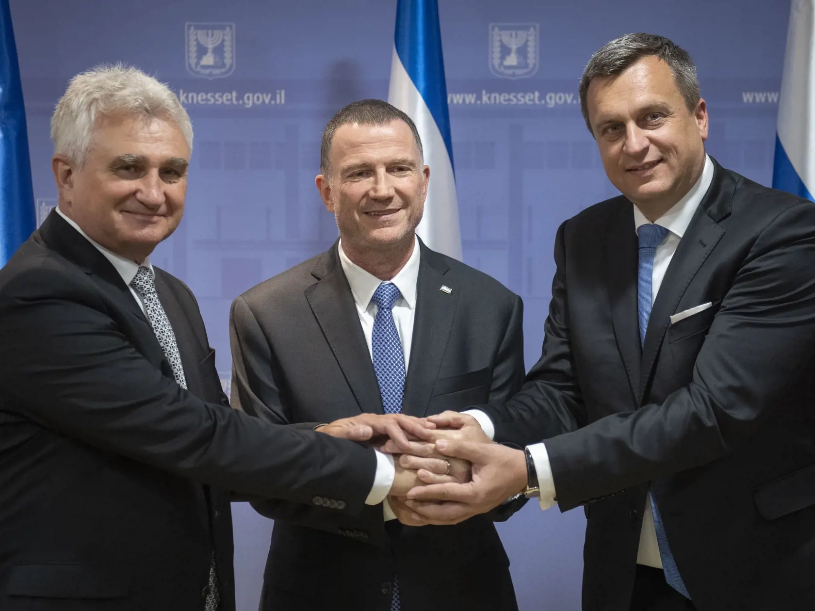 Na snímke zľava predseda èeského senátu Milan tech, predseda Knesetu tátu Izrael Juli-Joel Edelstein a predseda Národnej rady SR Andrej Danko poľas slávnostného prijatia predsedom Knesetu 3. júla 2018 v Jeruzaleme. FOTO TASR - Marko Erd