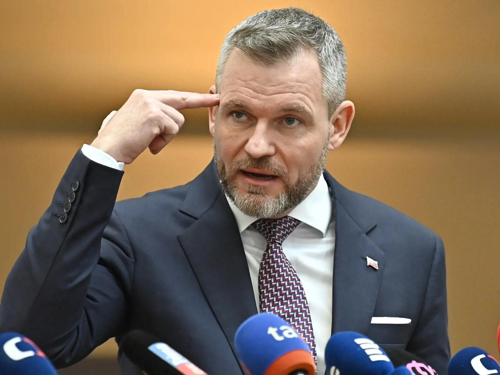 Na snímke predseda Národnej rady (NR) SR Peter Pellegrini gestikuluje  počas spoločnej tlačovej konferencie s predsedníčkou Poslaneckej snemovne Parlamentu ČR Markétou Pekarovou Adamovou v Prahe vo štvrtok 30. novembra 2023.