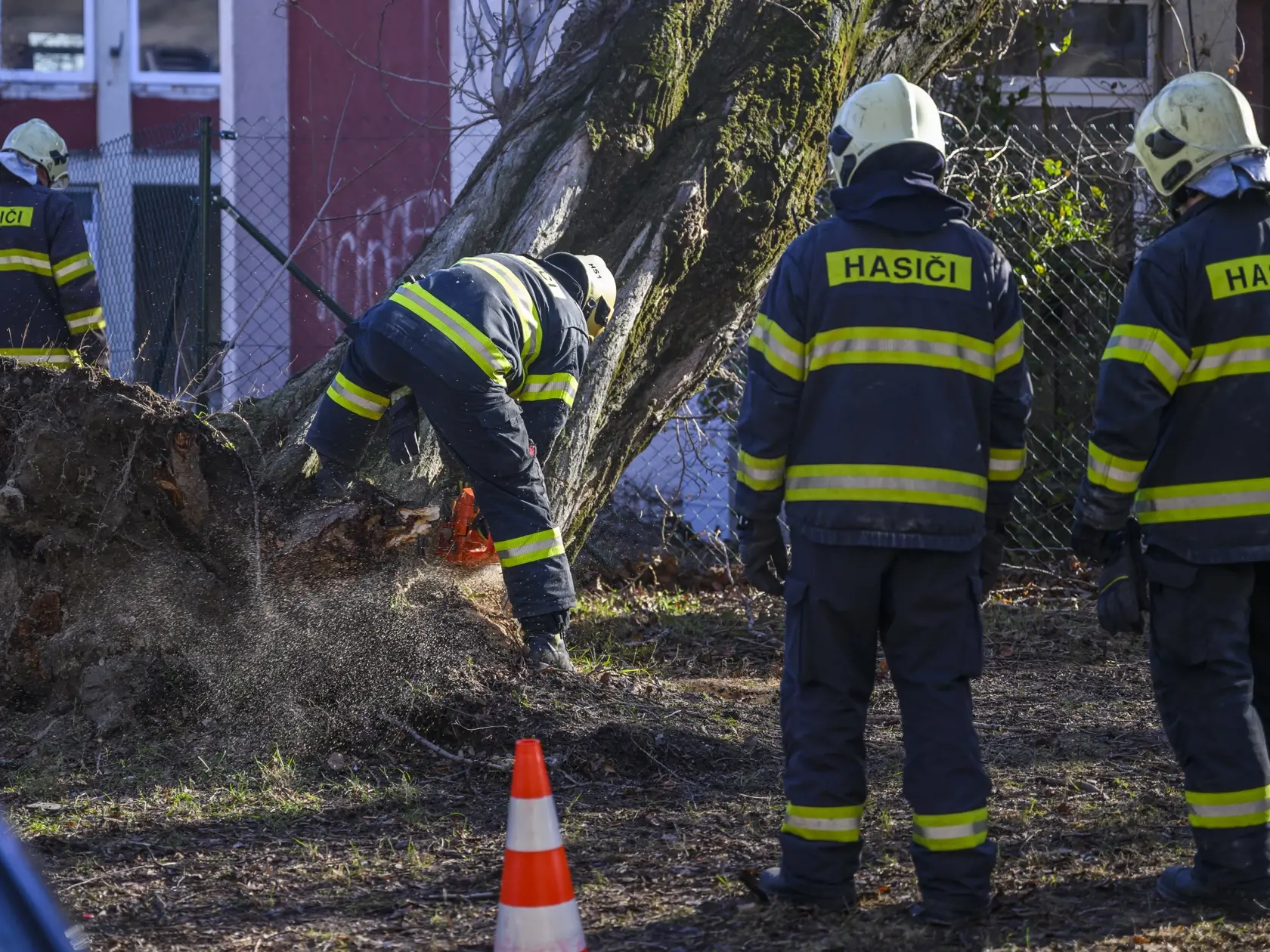 Na snímke hasiči odstraňujú padnutý strom na budovu na Uránovej ulici pre silný vietor v Bratislave 27. januára 2024. FOTO TASR - Jaroslav Novák