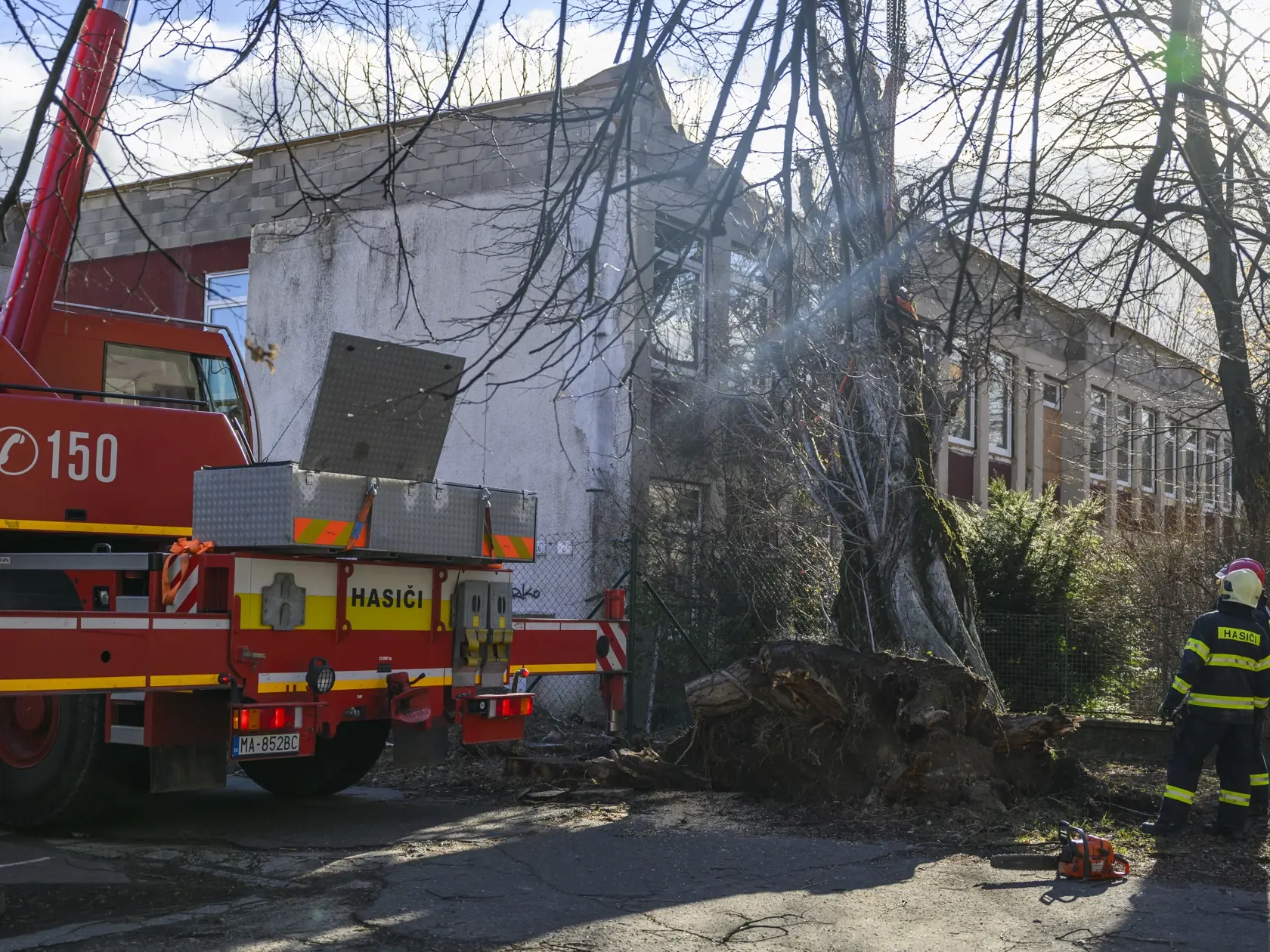 Na snímke hasiči odstraňujú padnutý strom na budovu na Uránovej ulici pre silný vietor v Bratislave 27. januára 2024. FOTO TASR - Jaroslav Novák