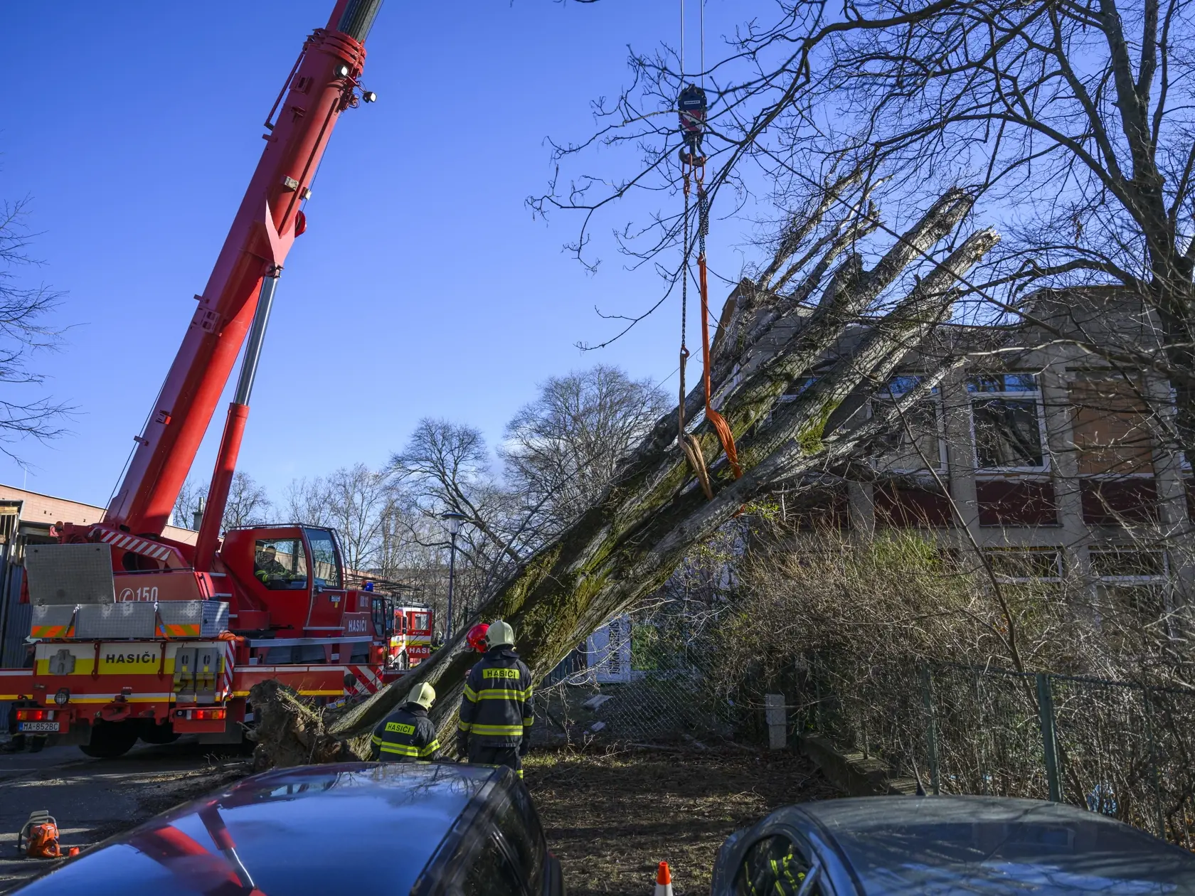Na snímke hasiči odstraňujú padnutý strom na budovu na Uránovej ulici pre silný vietor v Bratislave 27. januára 2024. FOTO TASR - Jaroslav Novák