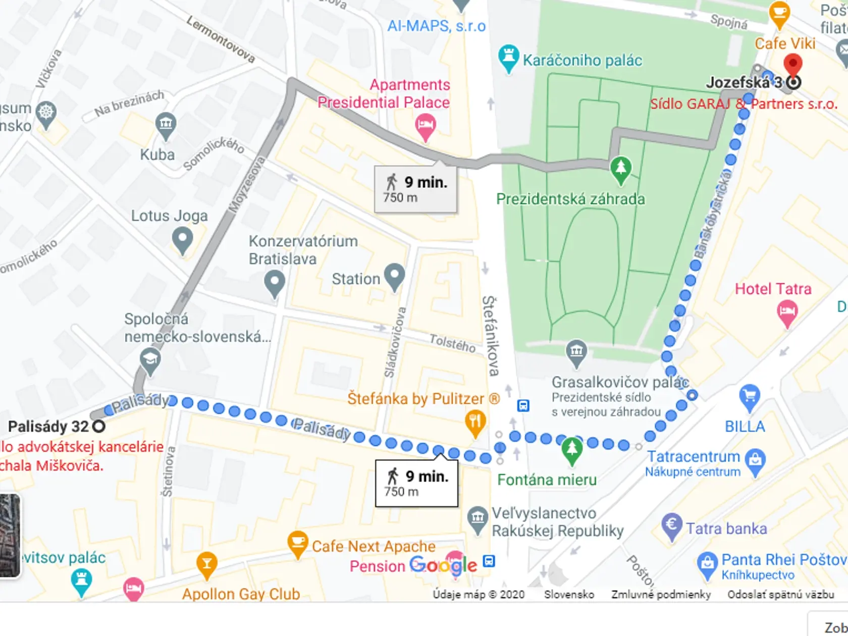 Sídlo advokátskej kancelárie Michala Miškoviča je od sídla GARAJ & Partners s.r.o. vzdialené 750 metrov.
