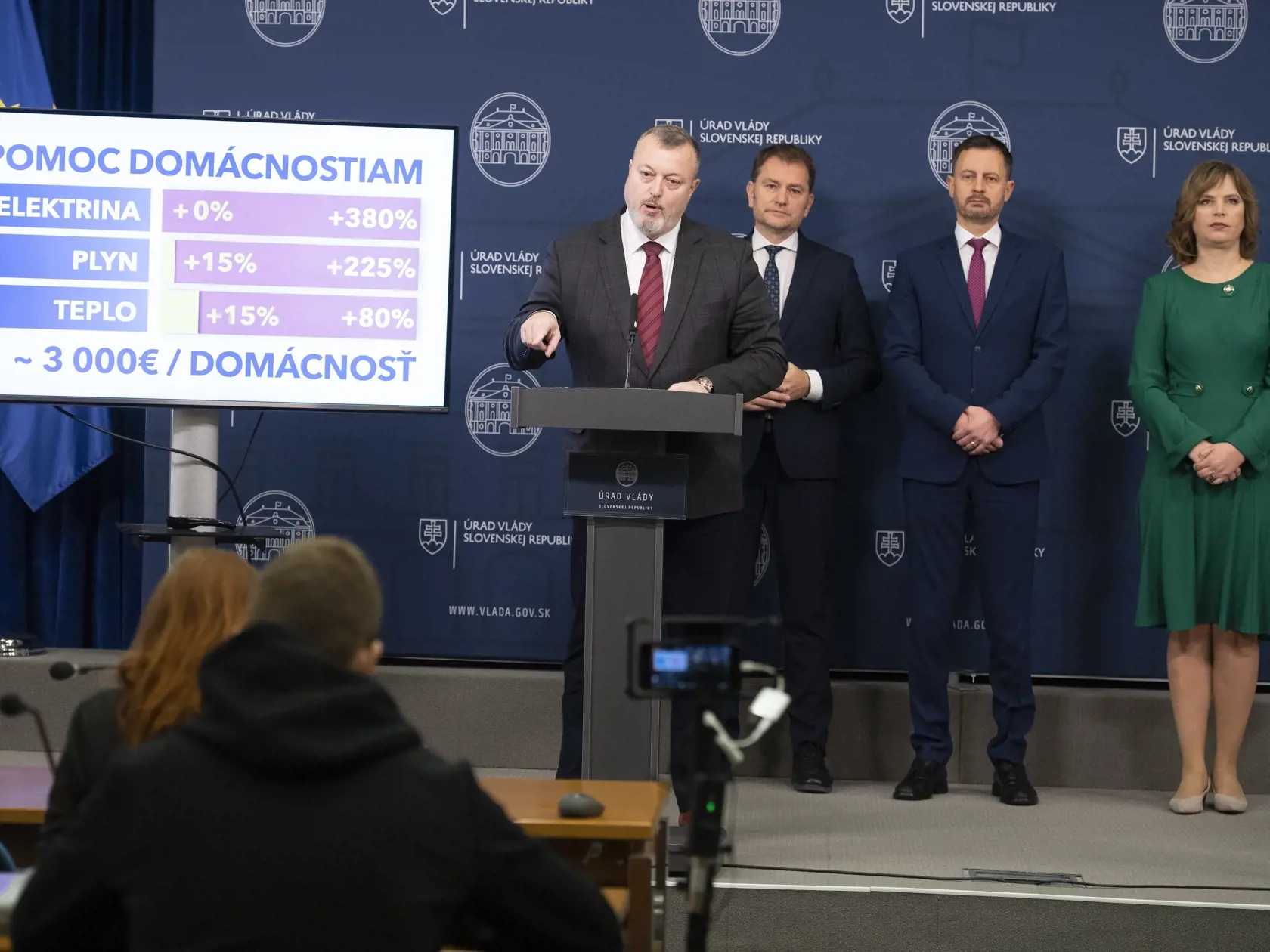 Na snímke je minister práce, sociálnych vecí a rodiny Milan Krajniak (Sme rodina), podpredseda vlády a minister financií Igor Matovič (OĽANO), predseda vlády Eduard Heger (OĽANO) a ministerka investícií, regionálneho rozvoja a informatizácie Veronika Remišová (Za ľudí) počas tlačovej konferencie o cenách energií pre domácnosti v Bratislave 1. decembra 2022.