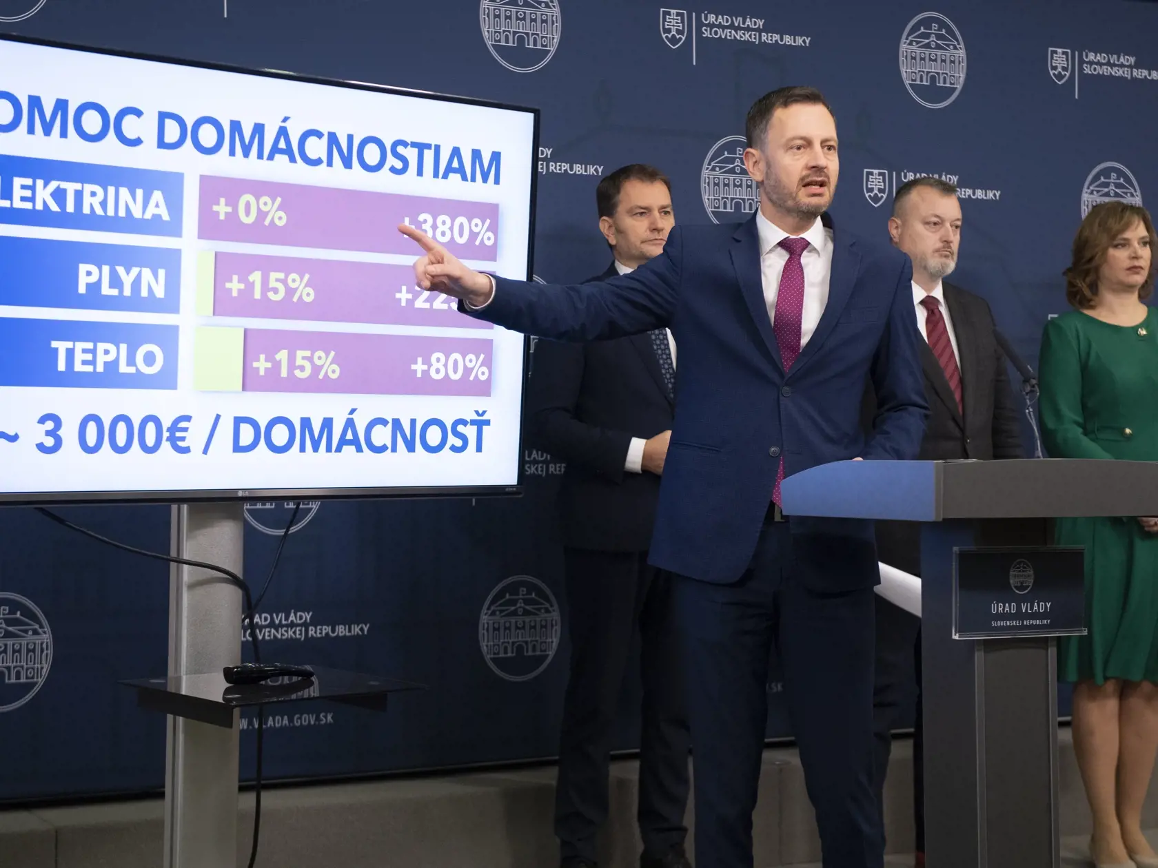 Na snímke je minister práce, sociálnych vecí a rodiny Milan Krajniak (Sme rodina), podpredseda vlády a minister financií Igor Matovič (OĽANO), predseda vlády Eduard Heger (OĽANO) a ministerka investícií, regionálneho rozvoja a informatizácie Veronika Remišová (Za ľudí) počas tlačovej konferencie o cenách energií pre domácnosti v Bratislave 1. decembra 2022.