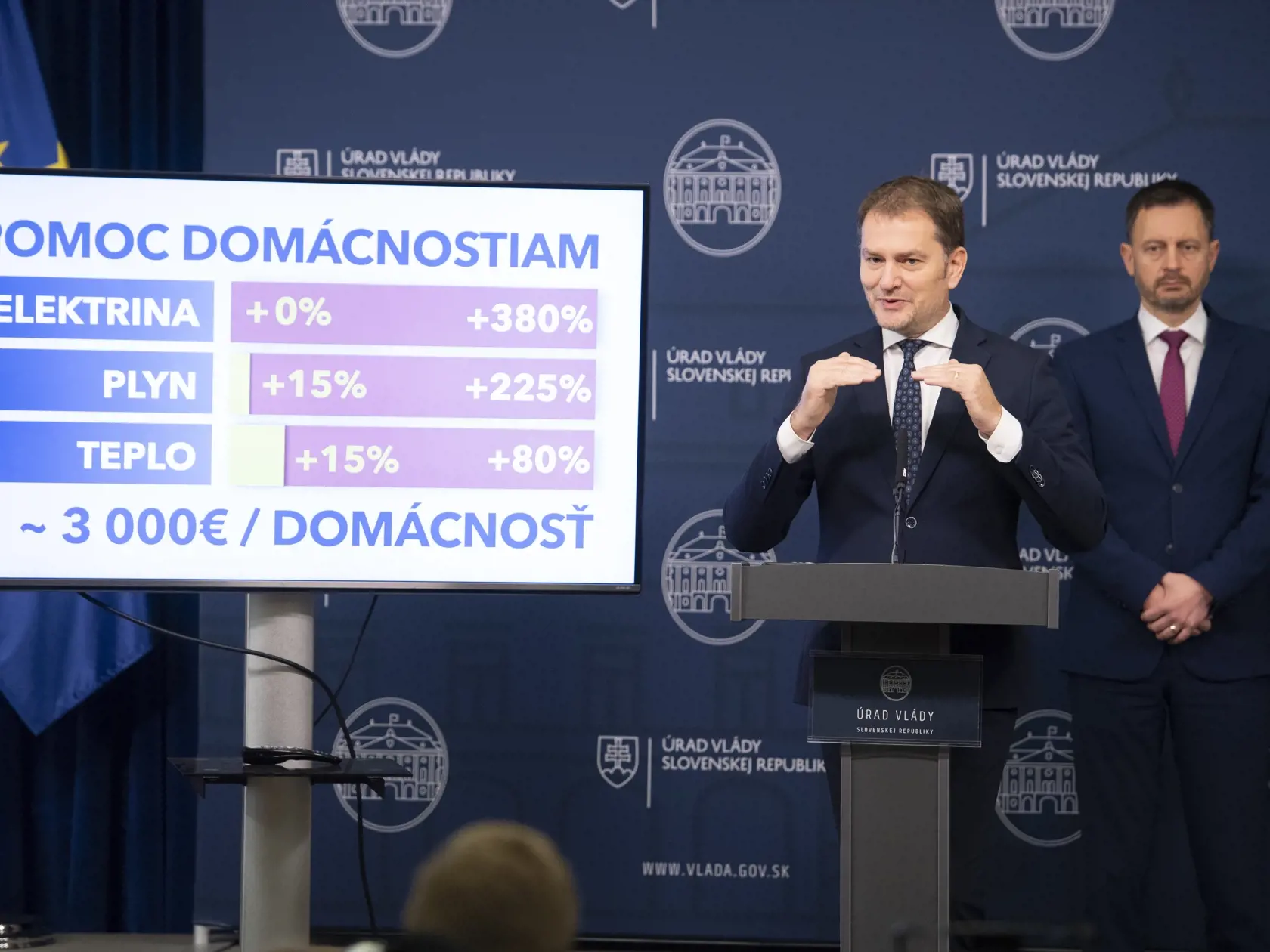 Na snímke je minister financií Igor Matovič (OĽANO) a Eduard Heger (OĽANO) počas tlačovej konferencie o cenách energií pre domácnosti.