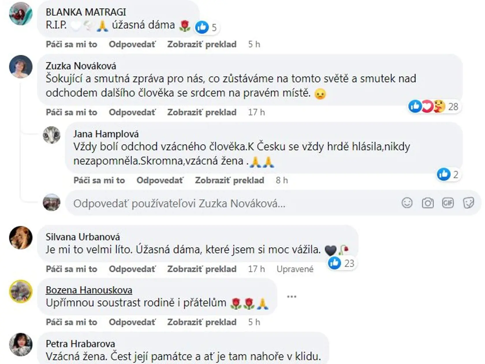 Komentáre k statusu Havlovej o úmrtí Madeleine Albrightovej.