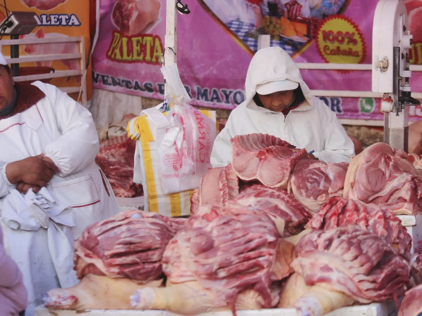 WA 40 La Paz - Obchodníci ponúkajú na predaj bravčové mäso na trhu v bolívijskej metropole La Paz v piatok 27. decembra 2024. FOTO TASR/AP

Vendors offer pork at a market in La Paz, Bolivia, Friday, Dec. 27, 2024. (AP Photo/Gaston Brito)