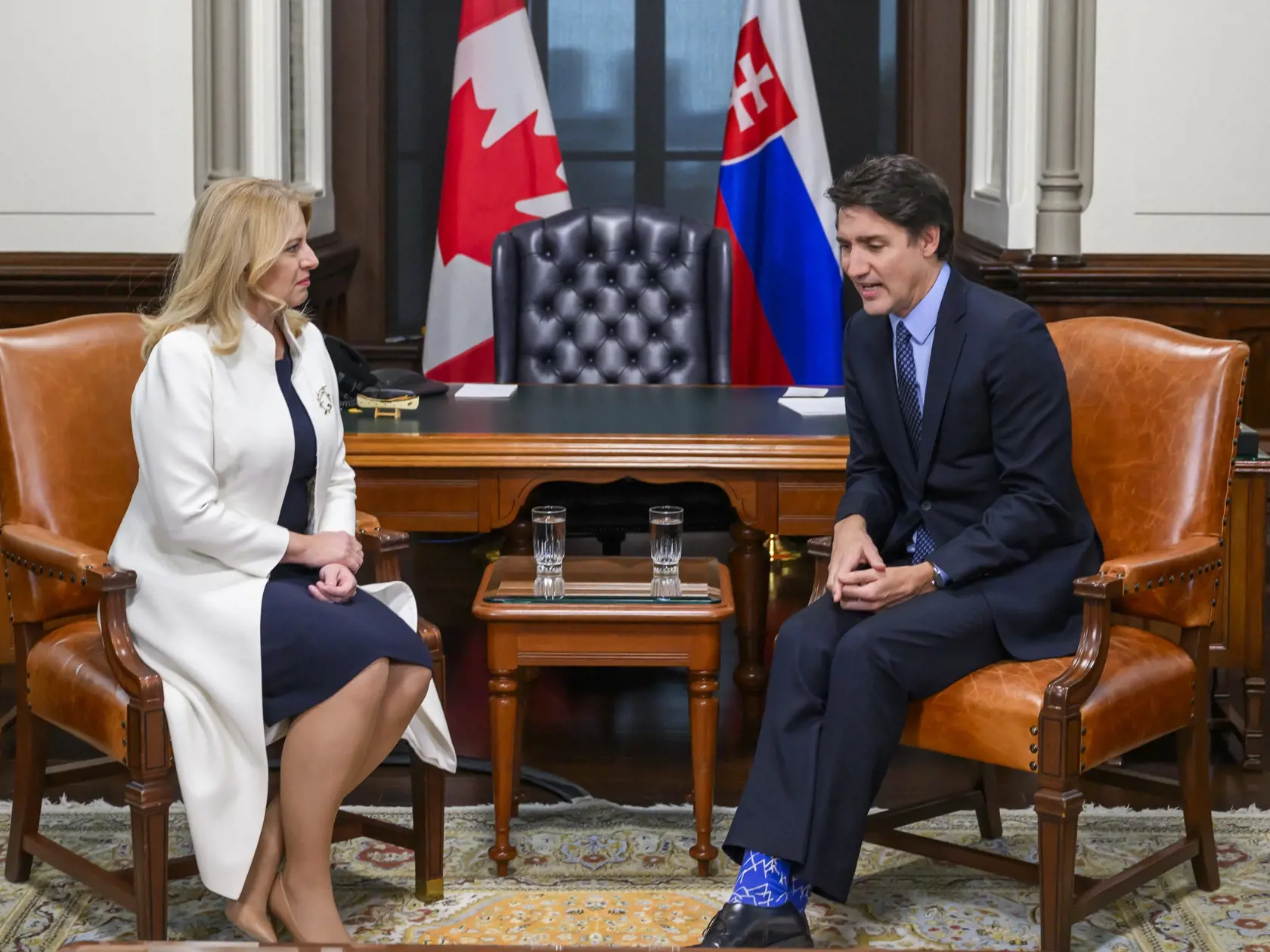 Prezidentka SR Zuzana Čaputová priletela na oficiálnu návštevu Kanady. Na snímke vľavo prezidentka SR Zuzana Čaputová sa stretla v utorok s kanadským premiérom Justinom Trudeauom v Ottawe 30. januára 2024.