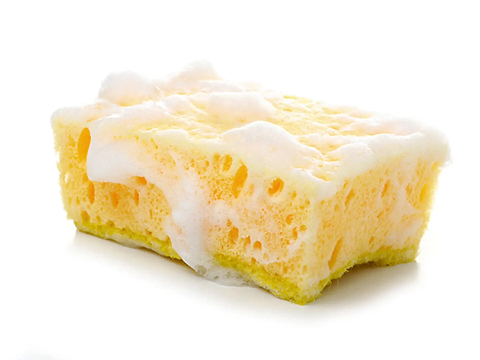 Yellow,Cleaning,Sponge,In,Soap,Foam,On,White,Background,Isolation
