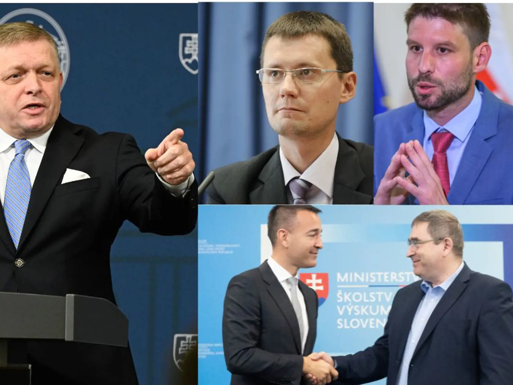 Na kombosníke zľava Robert Fico, Rado Baťo, Michal Šimečka (hore) a Tomáš Drucker, ktorý si podáva ruku s exministrom školstva a svojim súčasným poradcom Danielom Bútorom.