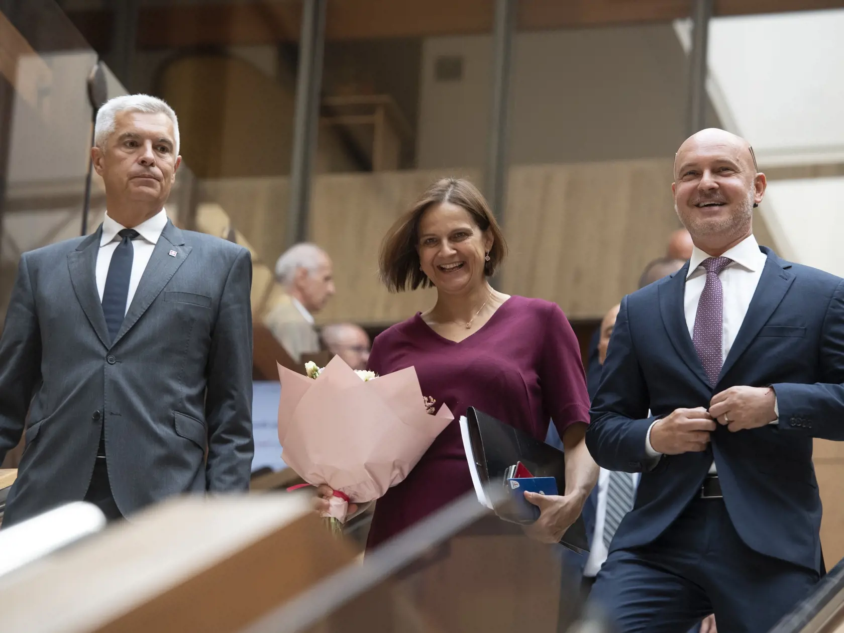Na snímke zľava exminister zahraničných vecí a európskych záležitostí SR Ivan Korčok (nominant SaS), exministerka spravodlivosti SR Mária Kolíková (SaS) a exminister školstva, vedy, výskumu a športu SR Branislav Gröhling (SaS) pred 98. rokovaním vlády 31. augusta 2022 v Bratislave.