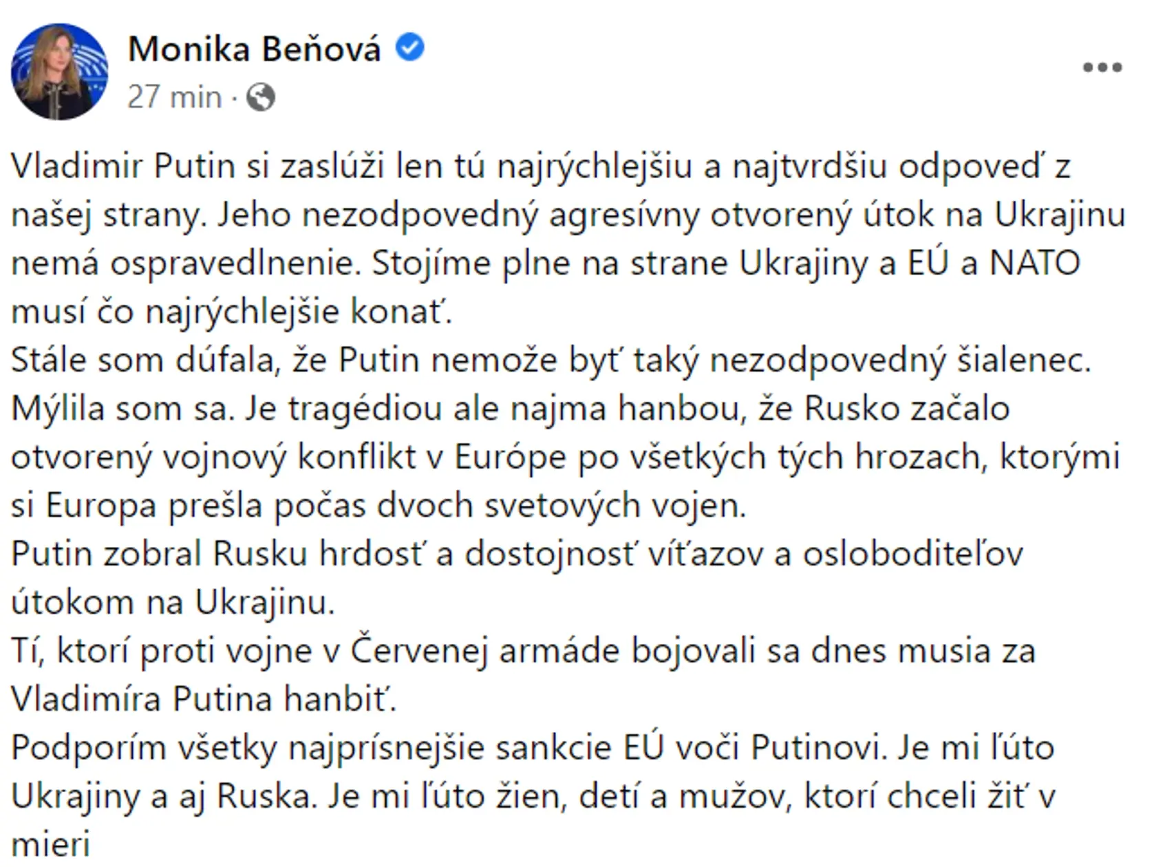 Politici reagujú na vojnu na Ukrajine: Monika Beňová