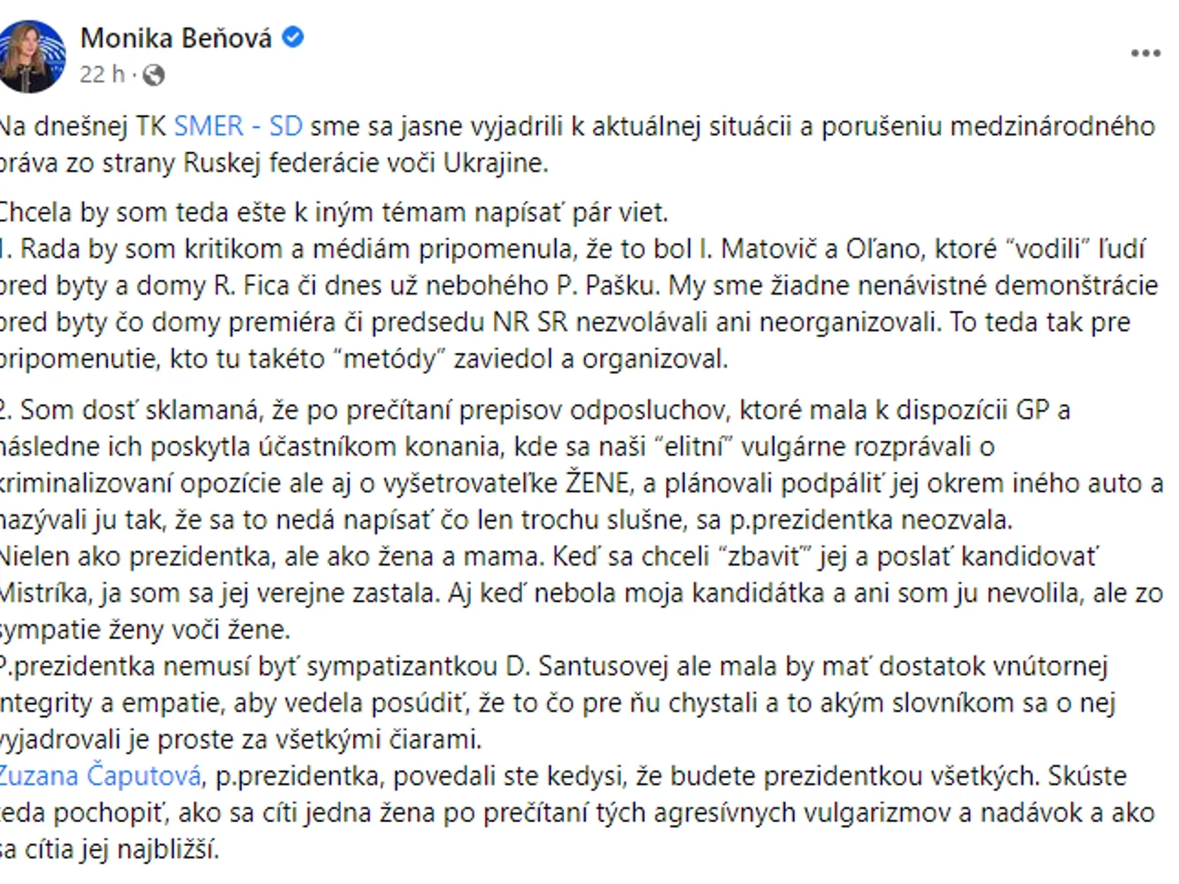 Monika Beňová sa pustila do prezidentky.