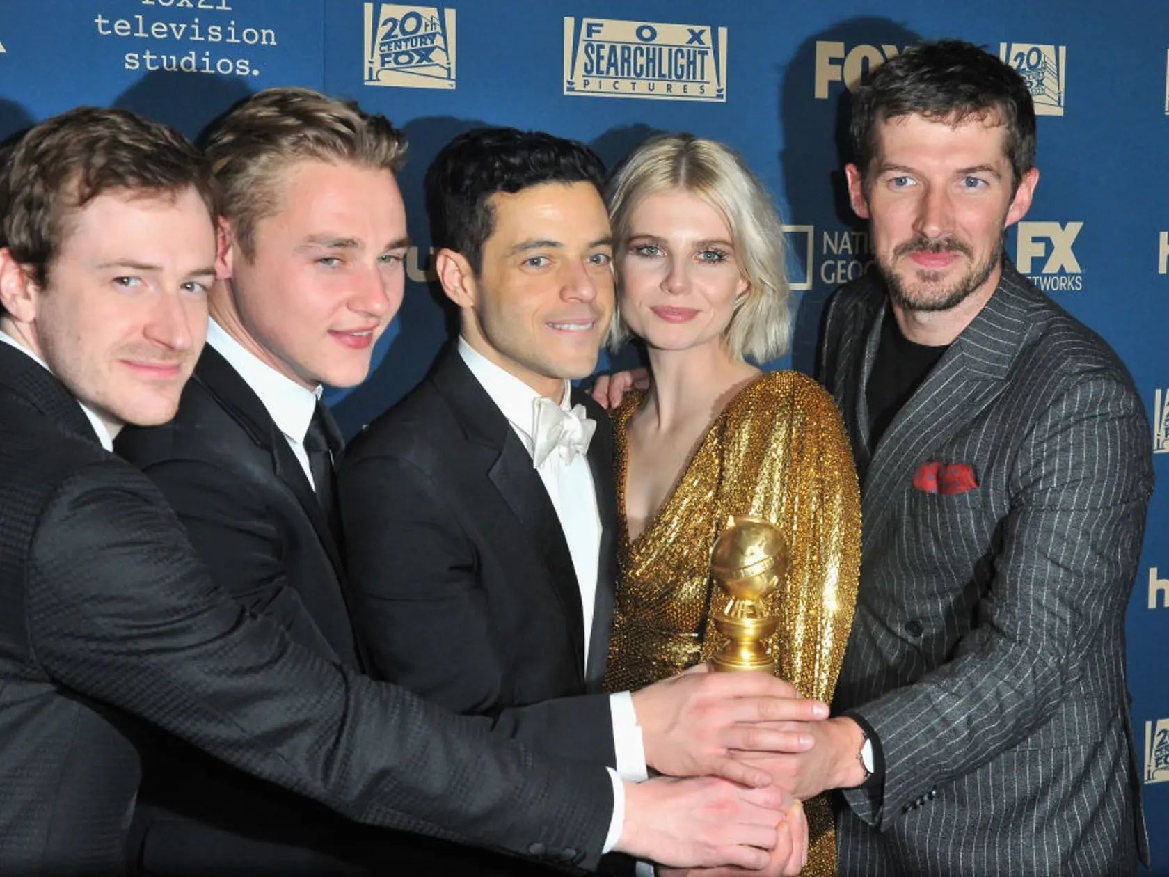 BEVERLY HILLS, CA - JANUARY 06:  (L-R) Joseph Mazzello, Ben Hardy, Rami Malek (winner of Best Performance by an Actor in a Motion Picture - Drama), Lucy Boynton, and Gwilym Lee attend the FOX, FX And Hulu 2019 Golden Globe Awards After Party at The Beverly Hilton Hotel on January 6, 2019 in Beverly Hills, California.  (Photo by Jerod Harris/Getty Images)