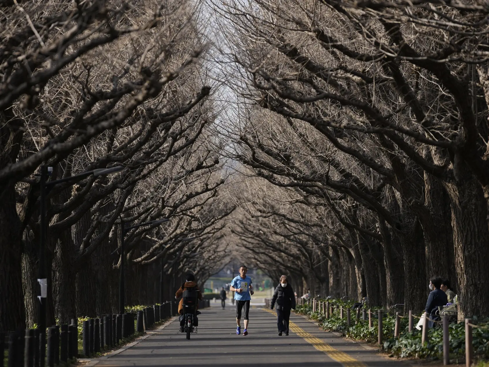 EBE 41 Tokio - Cyklistka a muž prechádzajú okolo ženy s ochranným rúškom na prechádzke po promenáde lemovanej stromami gingko v parku v Tokiu v piatok 25. marca 2022. FOTO TASR/AP

A bicyclist and a man pass by a woman wearing a face mask as she strolls down a promenade lined with gingko trees at a park in Tokyo, Friday, March 25, 2022. (AP Photo/Hiro Komae)