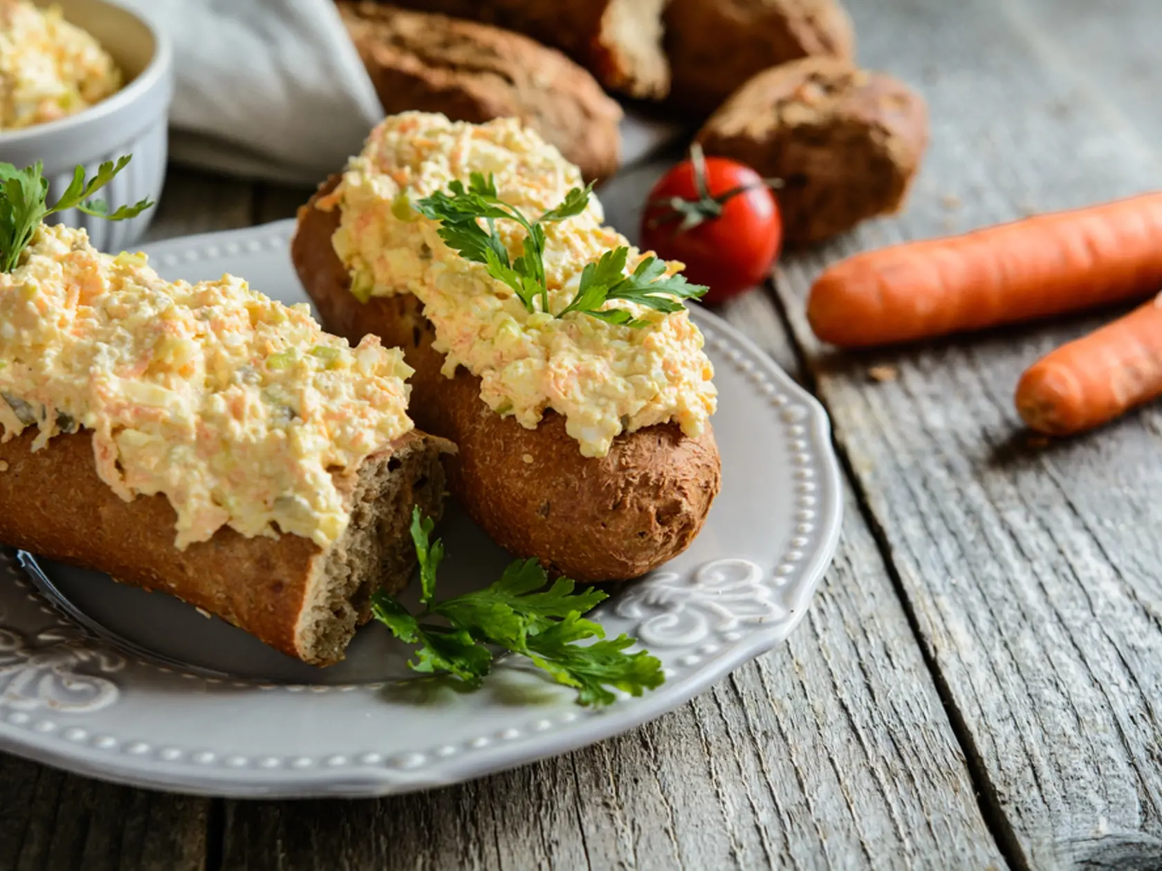 Whole,Wheat,Baguette,With,Curd,Spread,,Eggs,,Carrot,,Green,Onion,