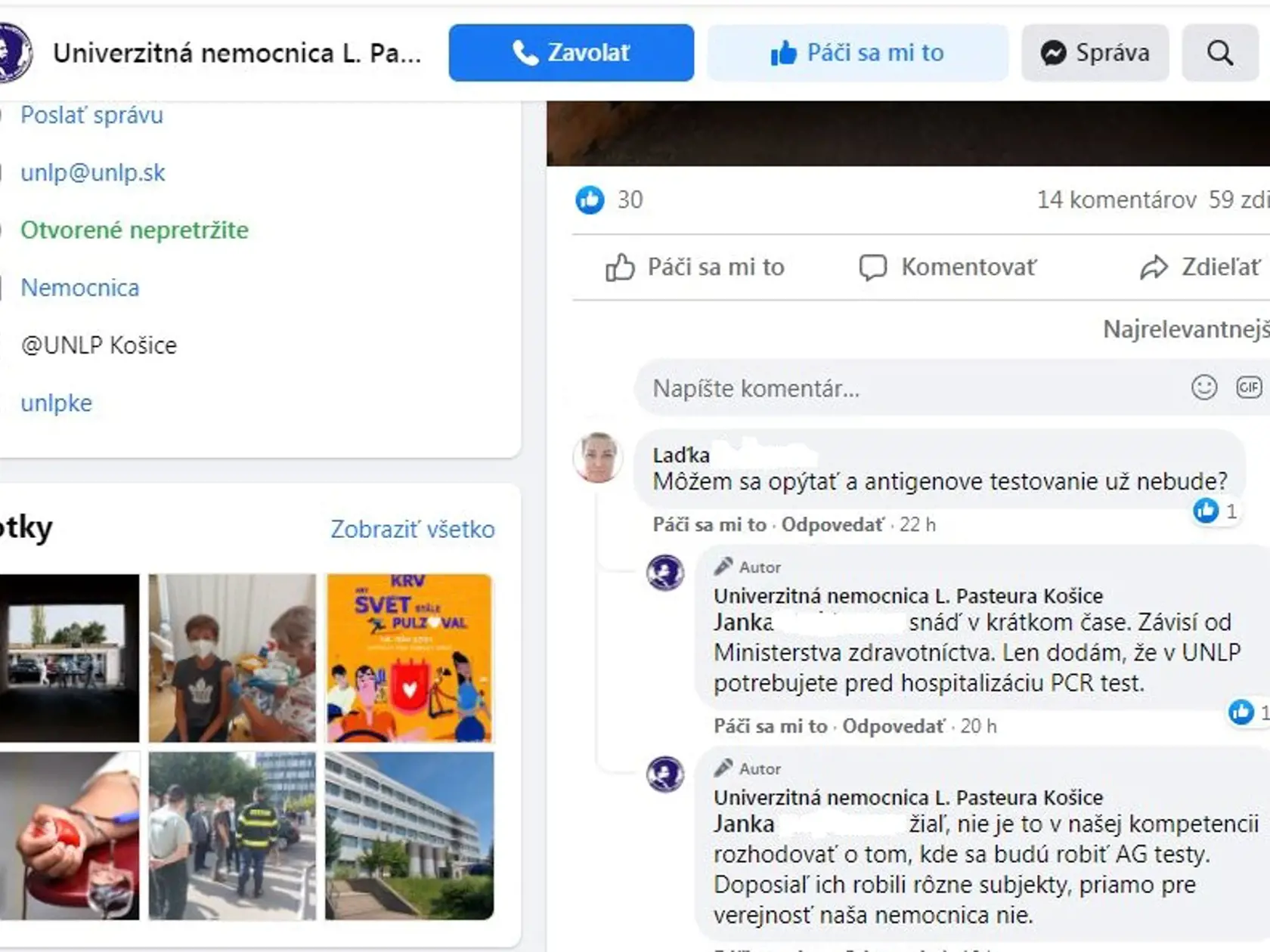 Zúfalí ľudia sa pýtali na testovanie aj na stránke košickej univerzitnej nemocnice.