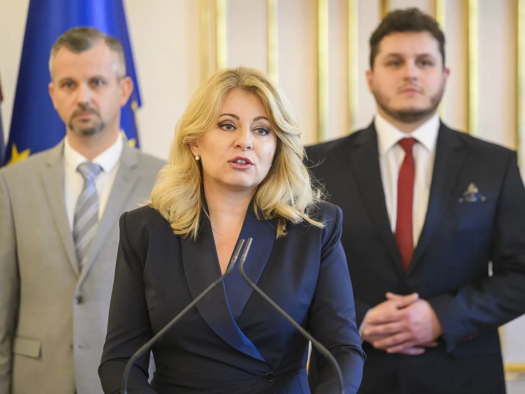 Na snímke prezidentka SR Zuzana Čaputová počas vyhlásenia o svojom ďalšom postupe v súvislosti so schválenou novelou zákonov v oblasti trestného práva v Bratislave 16. februára 2024.