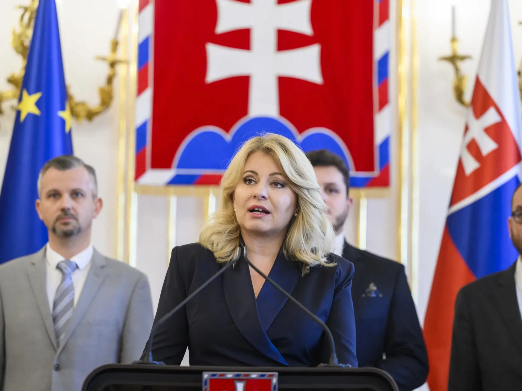 Na snímke prezidentka SR Zuzana Čaputová počas vyhlásenia o svojom ďalšom postupe v súvislosti so schválenou novelou zákonov v oblasti trestného práva v Bratislave 16. februára 2024.