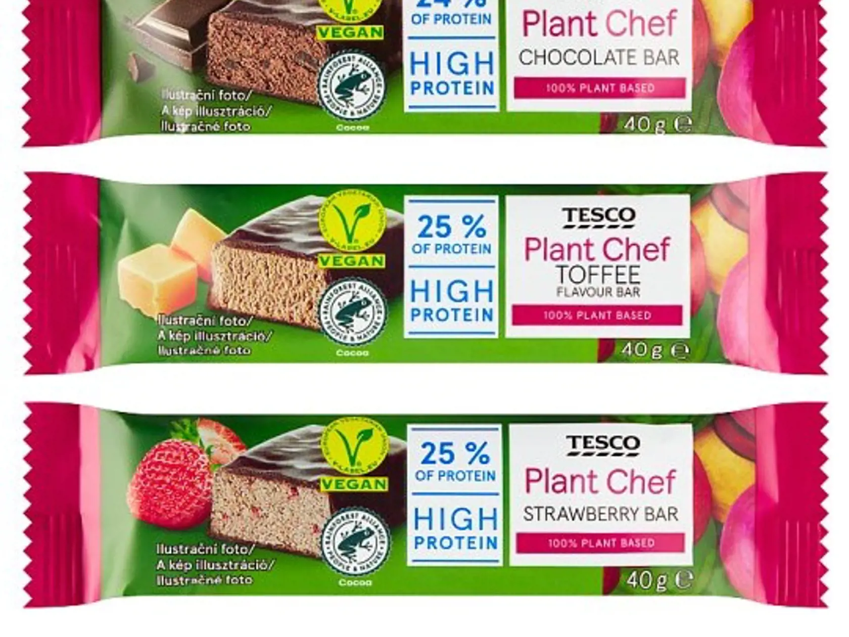 Dotknutými výrobkami sú Tesco Plant Chef Protein Vegan Bar s príchuťou čokoláda/karamel/jahoda v 40-gramovom balení.