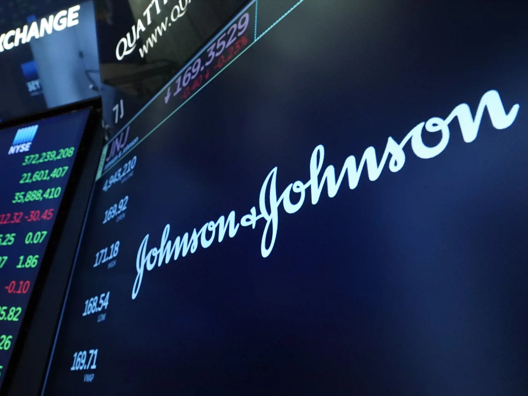 Na elektronickej tabuli svieti logo spoločnosti Johnson & Johnson (J&J) počas obchodovania na newyorskej burze v pondelok 12. júla 2021. Americký Úrad pre kontrolu potravín a liečiv (FDA) v pondelok pridal varovanie k vakcíne proti koronavírusu od spoločnosti Johnson & Johnson (J&J) týkajúce sa možnej spojitosti medzi touto očkovacou látkou a veľmi zriedkavým autoimunitným ochorením, ktoré postihuje nervovú sústavu. Spomínané riziko však FDA hodnotí ako nízke.
