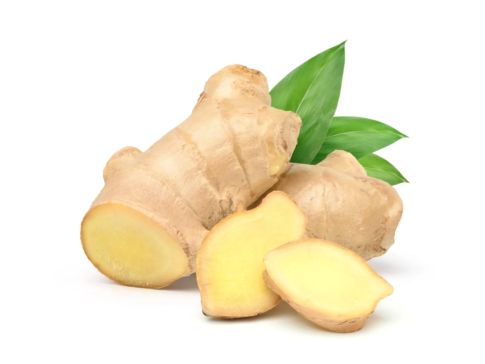 Fresh,Ginger,Rhizome,With,Sliced,And,Green,Leaves,Isolated,On