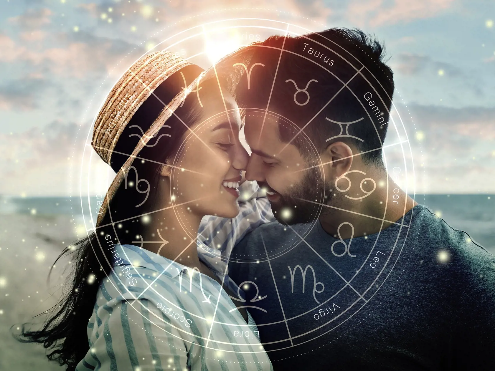 Horoscope compatibility. Loving couple on beach and zodiac wheel