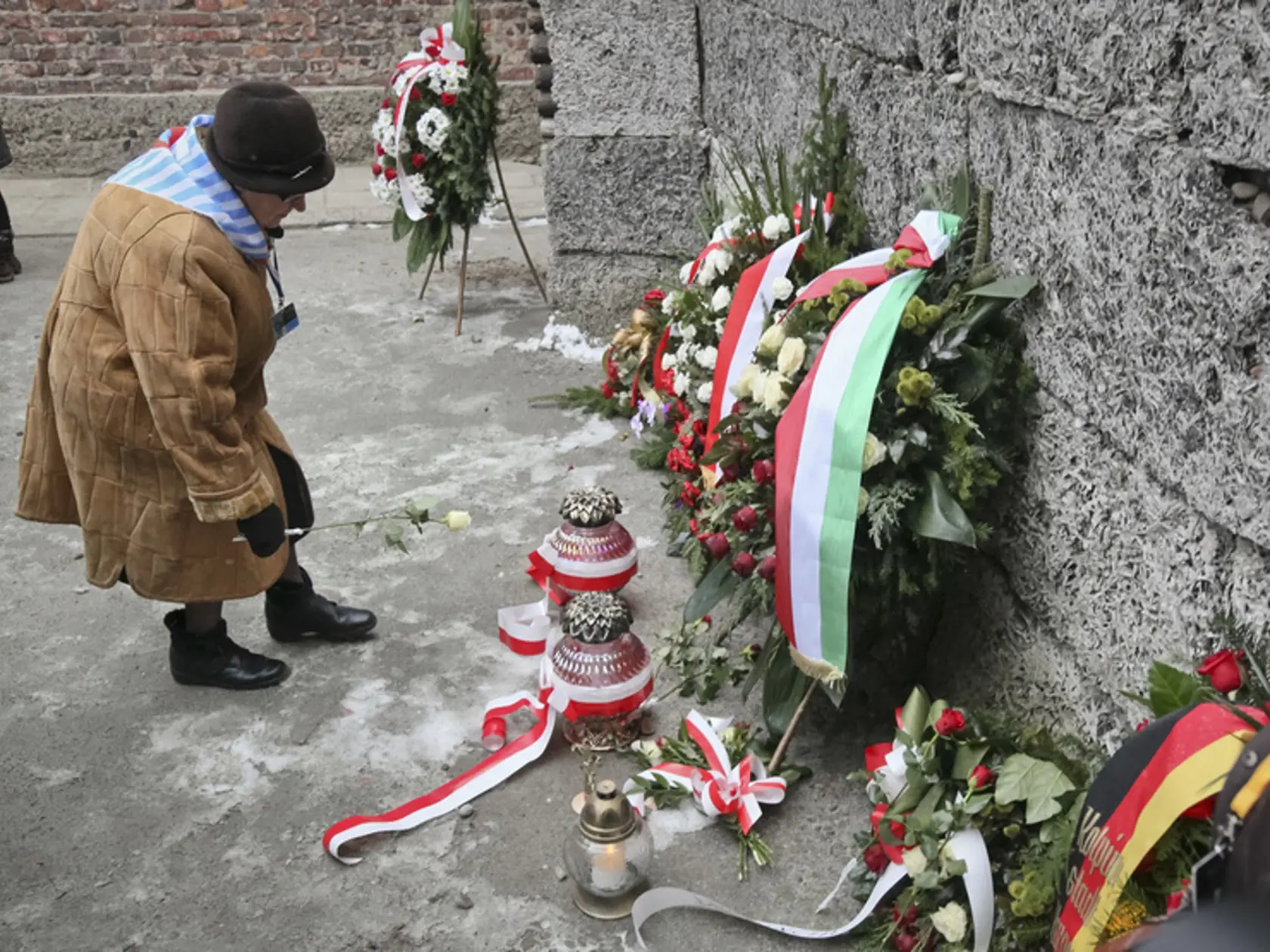 Žena, ktorá prežila holokaust kladie ružu k popravčiemu múru, v bývalom koncentračnom tábore Auschwitz.
