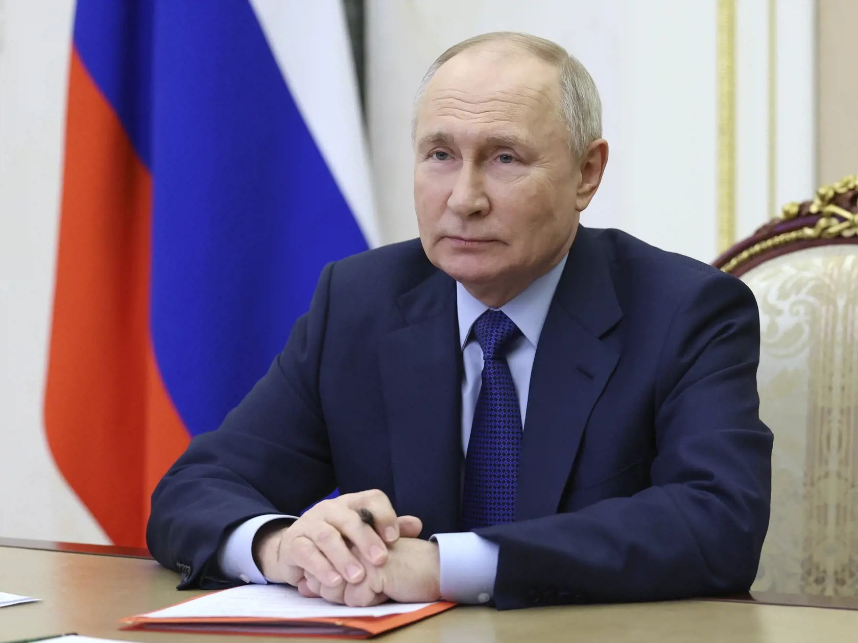 Ruský prezident Vladimir Putin predsedá zasadnutiu Bezpečnostnej rady prostredníctvom videokonferencie v Kremli v Moskve 9. februára 2024.