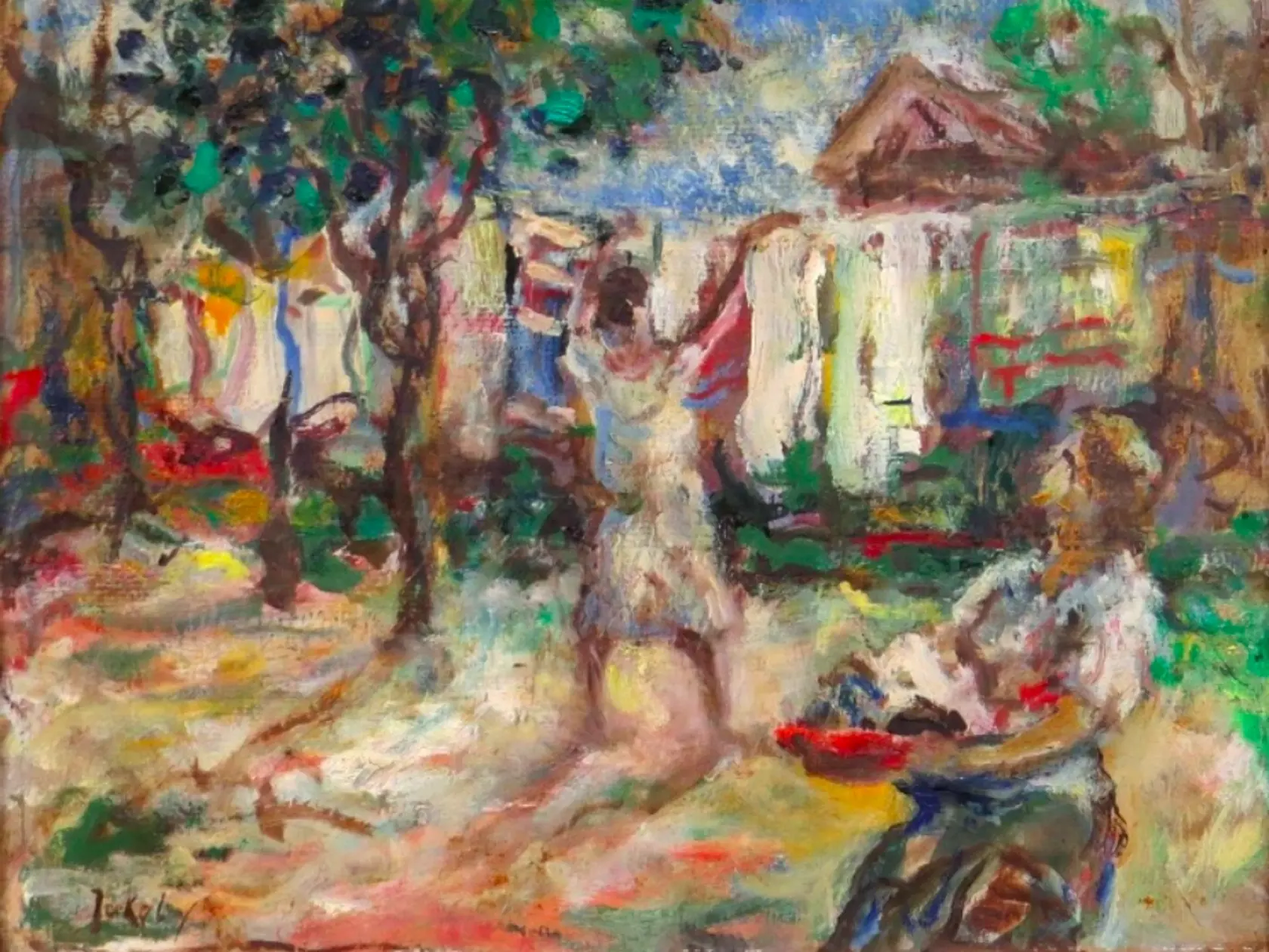 Július Jakoby - Vešanie prádla
Technika: olej na kartóne
Rozmery: 28,5 x 36 cm
Značenie: vľavo dole
Vyvolávacia cena: 42 000 €
Najvyššie dosiahnutá konečná cena diel autora na slovenských aukciách:
120 000 € - Akt ženy. 1932. Olej na plátne. 71 x 47 cm.