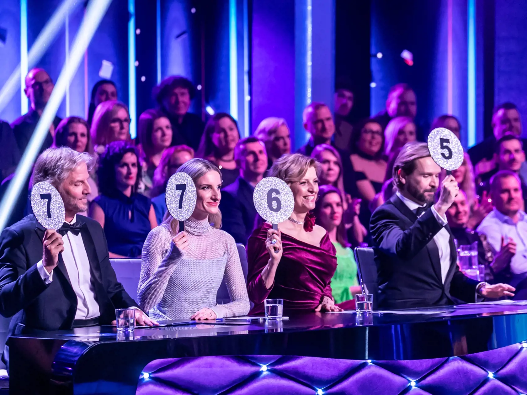 Prvé kolo Lets Dance 2024. Na snímke porotcovia prvého kola v zložení Ján Ďurovčík, Tatiana Drexler, Adela Vinczeová a Facundo Arana.