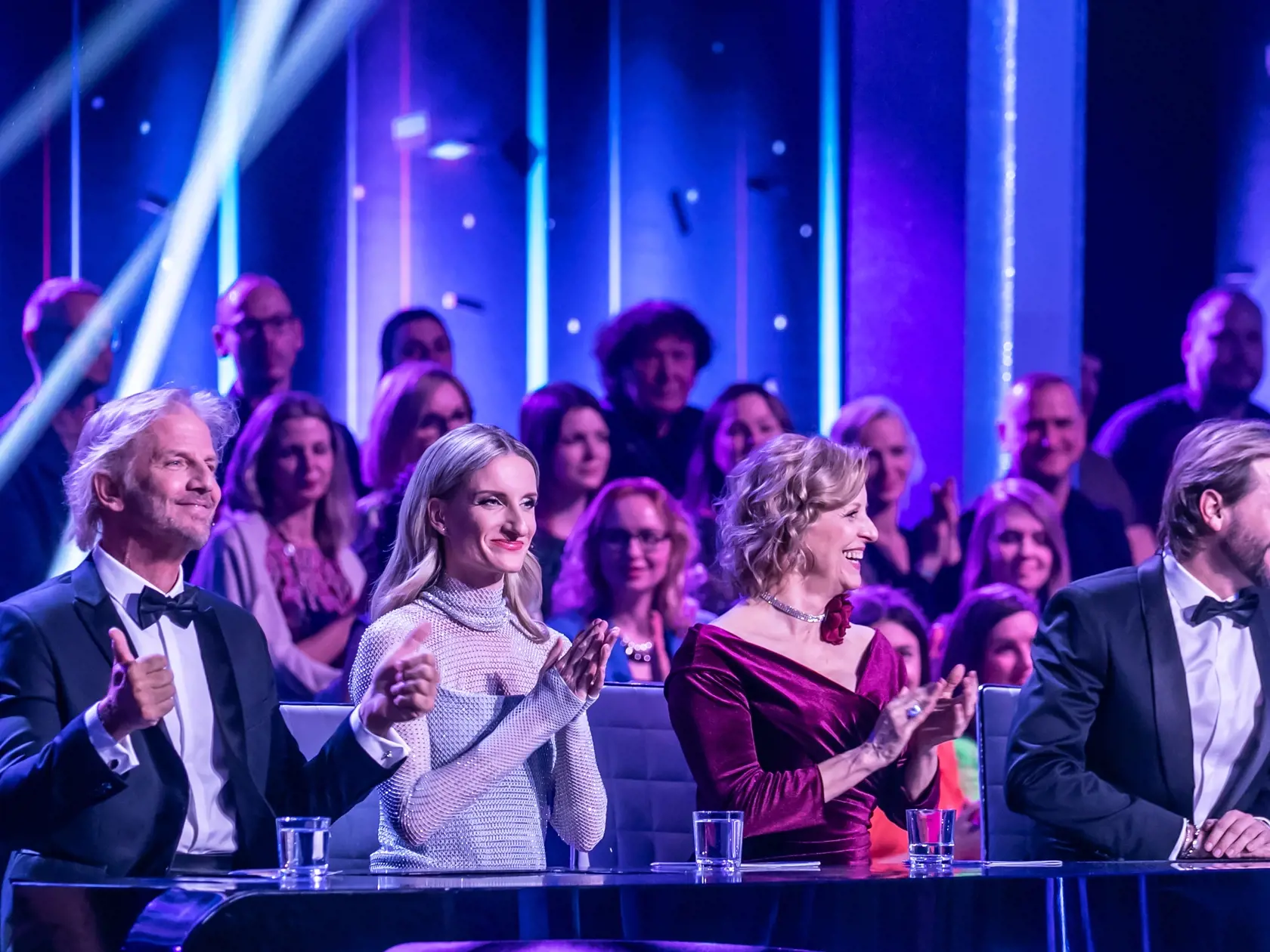 Prvé kolo Lets Dance 2024. Na snímke porotcovia prvého kola v zložení Ján Ďurovčík, Tatiana Drexler, Adela Vinczeová a Facundo Arana.