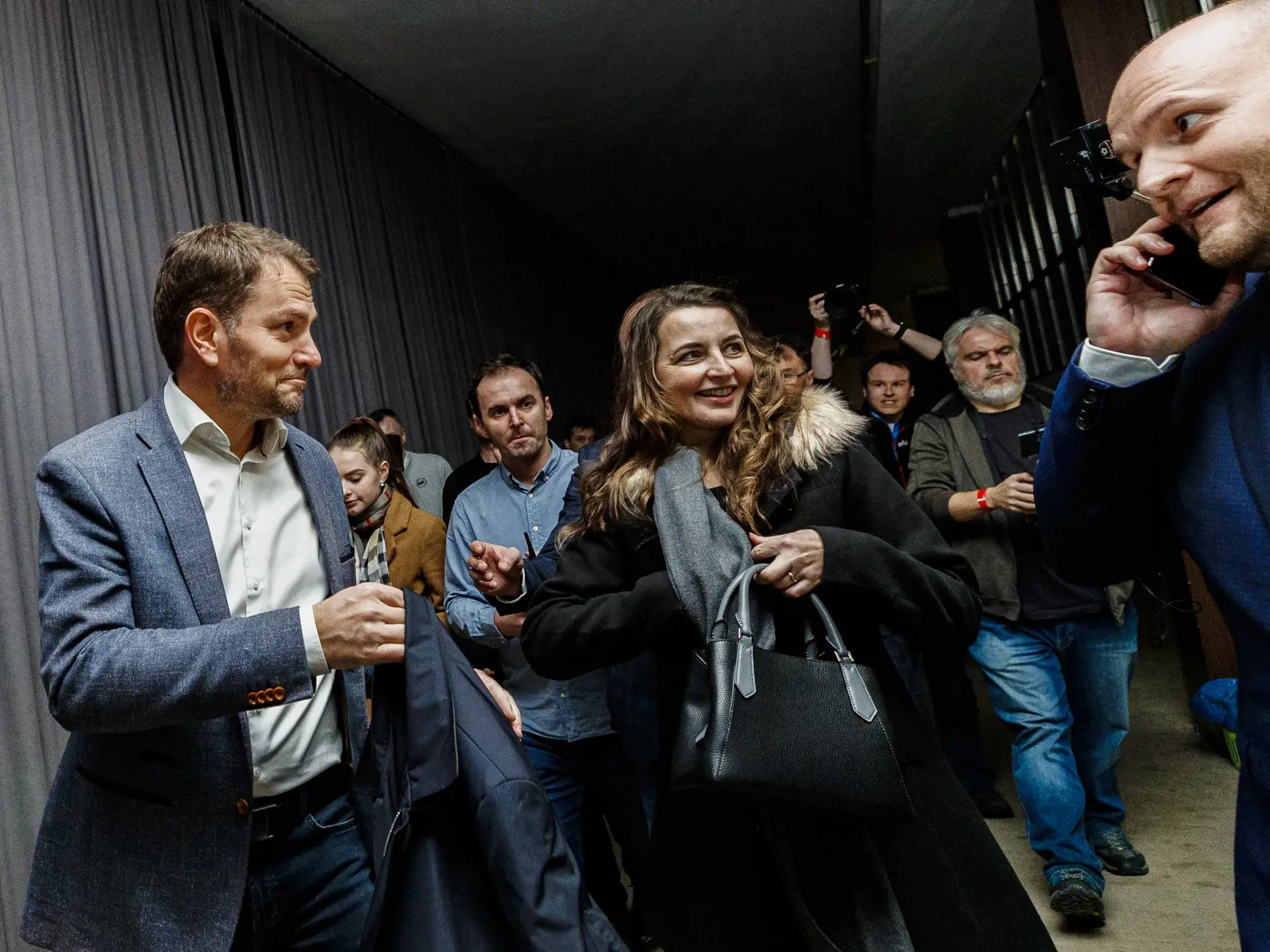Igor Matovič s manželkou Pavlínou v centrále politickej strany OĽANO počas noci volieb do Národnej rady Slovenskej republiky, 29.2.2020