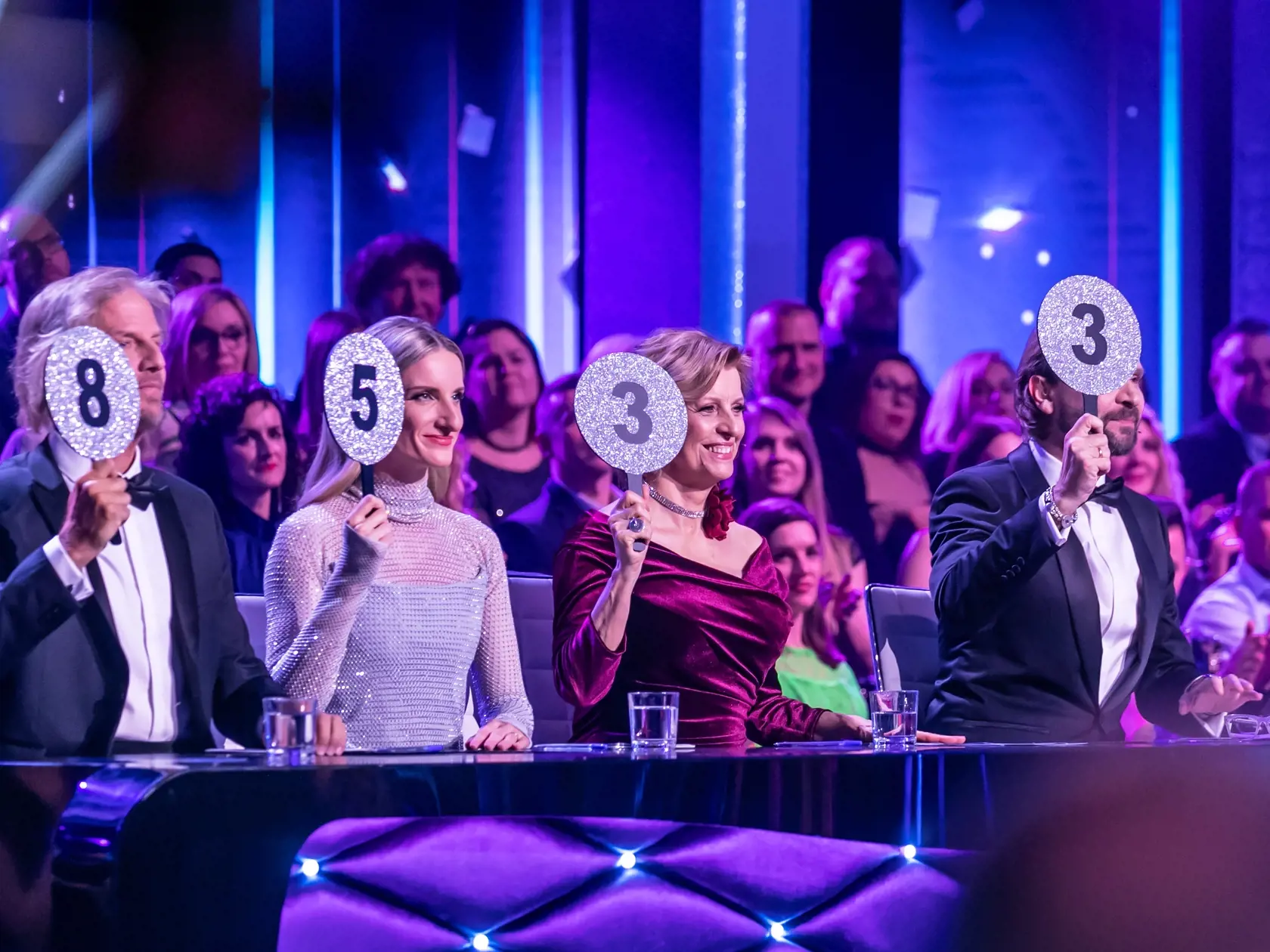 Prvé kolo Lets Dance 2024. Na snímke porotcovia prvého kola v zložení Ján Ďurovčík, Tatiana Drexler, Adela Vinczeová a Facundo Arana.