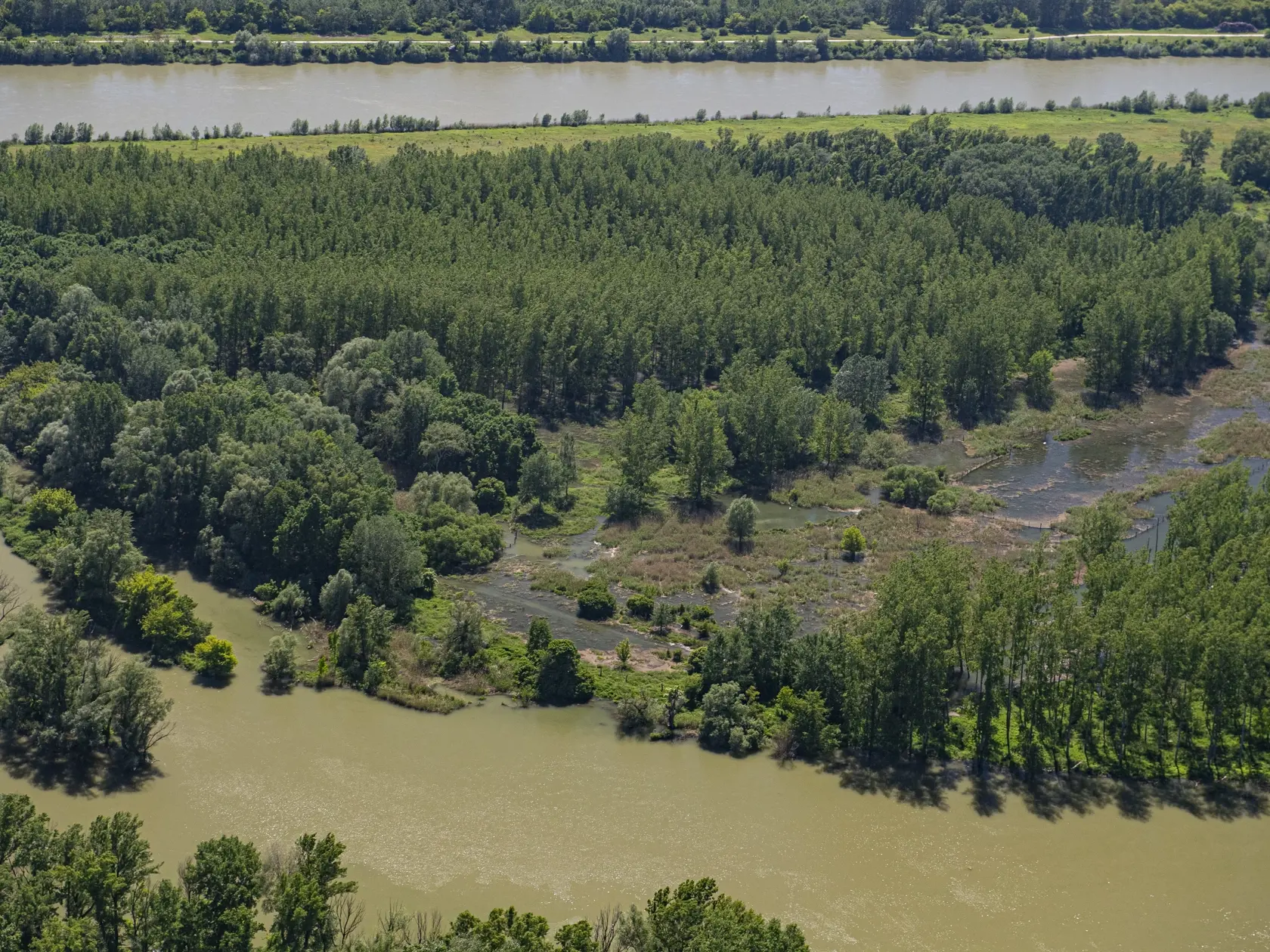 Na snímke z vrtuľníka pohľad na rozvodnené ramená Dunaja. Na toku rieky sa uskutočňujú simulované a kontrolované záplavy, 26. mája 2021. FOTO TASR - Michal Svítok
